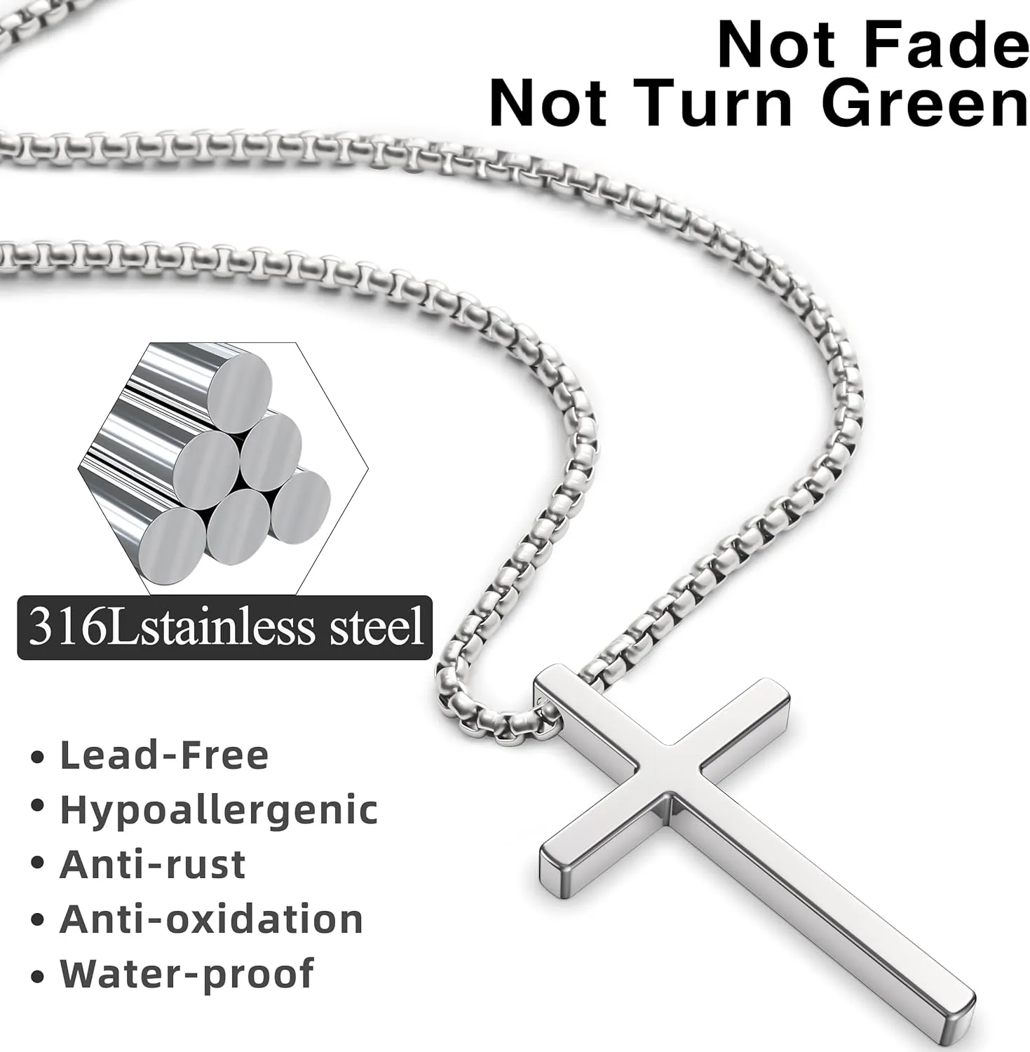 Romass 2 Pcs Cross Necklace for Men Boys,Stainless Steel Pendant Silver Black Crosses Chain Jewelry Gifts Box 16-30 inches
