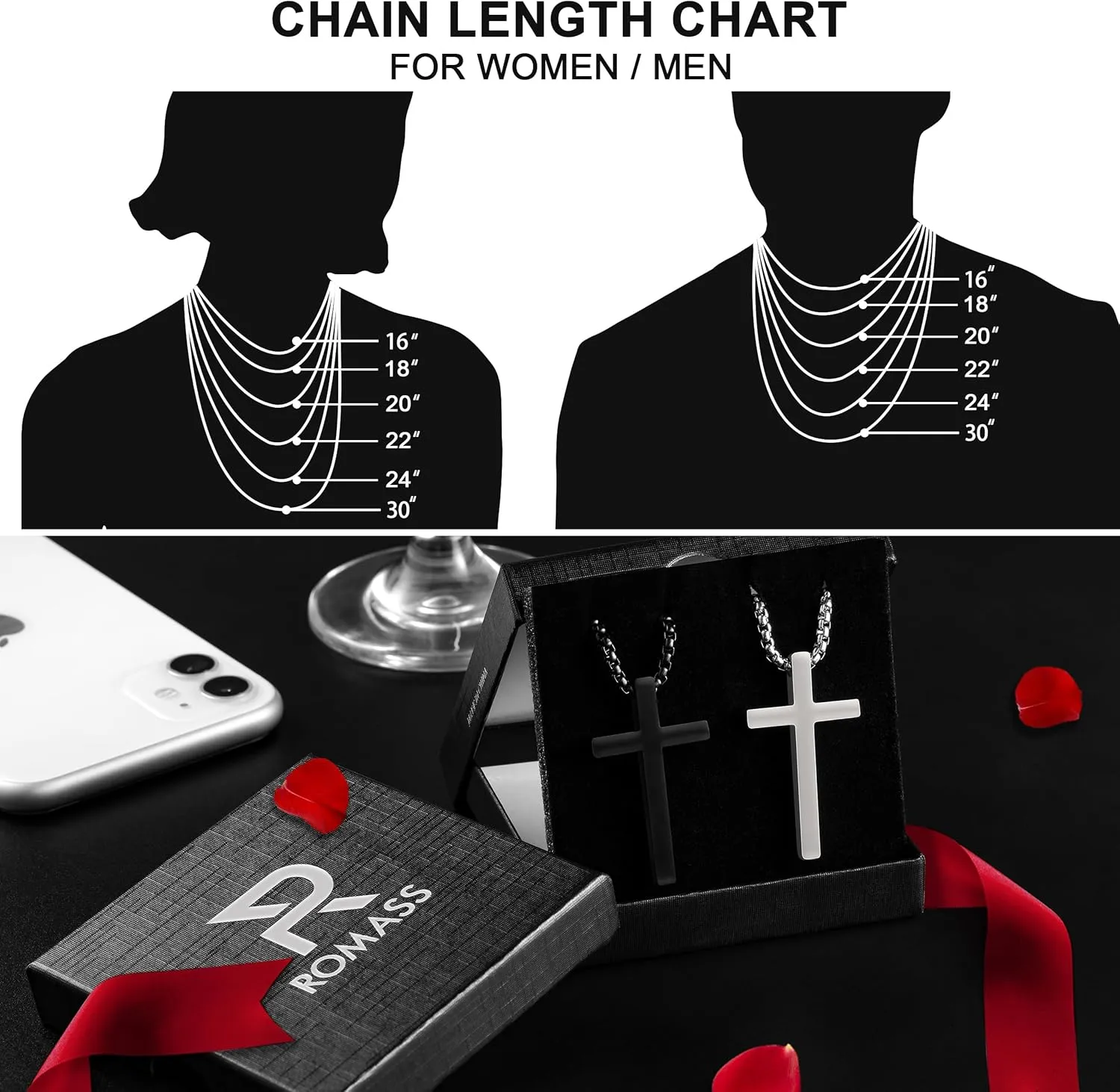 Romass 2 Pcs Cross Necklace for Men Boys,Stainless Steel Pendant Silver Black Crosses Chain Jewelry Gifts Box 16-30 inches