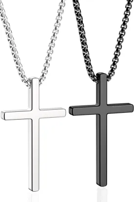 Romass 2 Pcs Cross Necklace for Men Boys,Stainless Steel Pendant Silver Black Crosses Chain Jewelry Gifts Box 16-30 inches