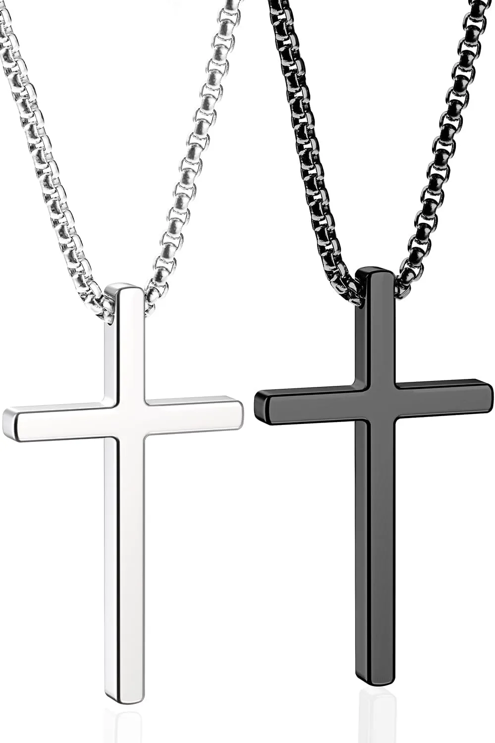 Romass 2 Pcs Cross Necklace for Men Boys,Stainless Steel Pendant Silver Black Crosses Chain Jewelry Gifts Box 16-30 inches