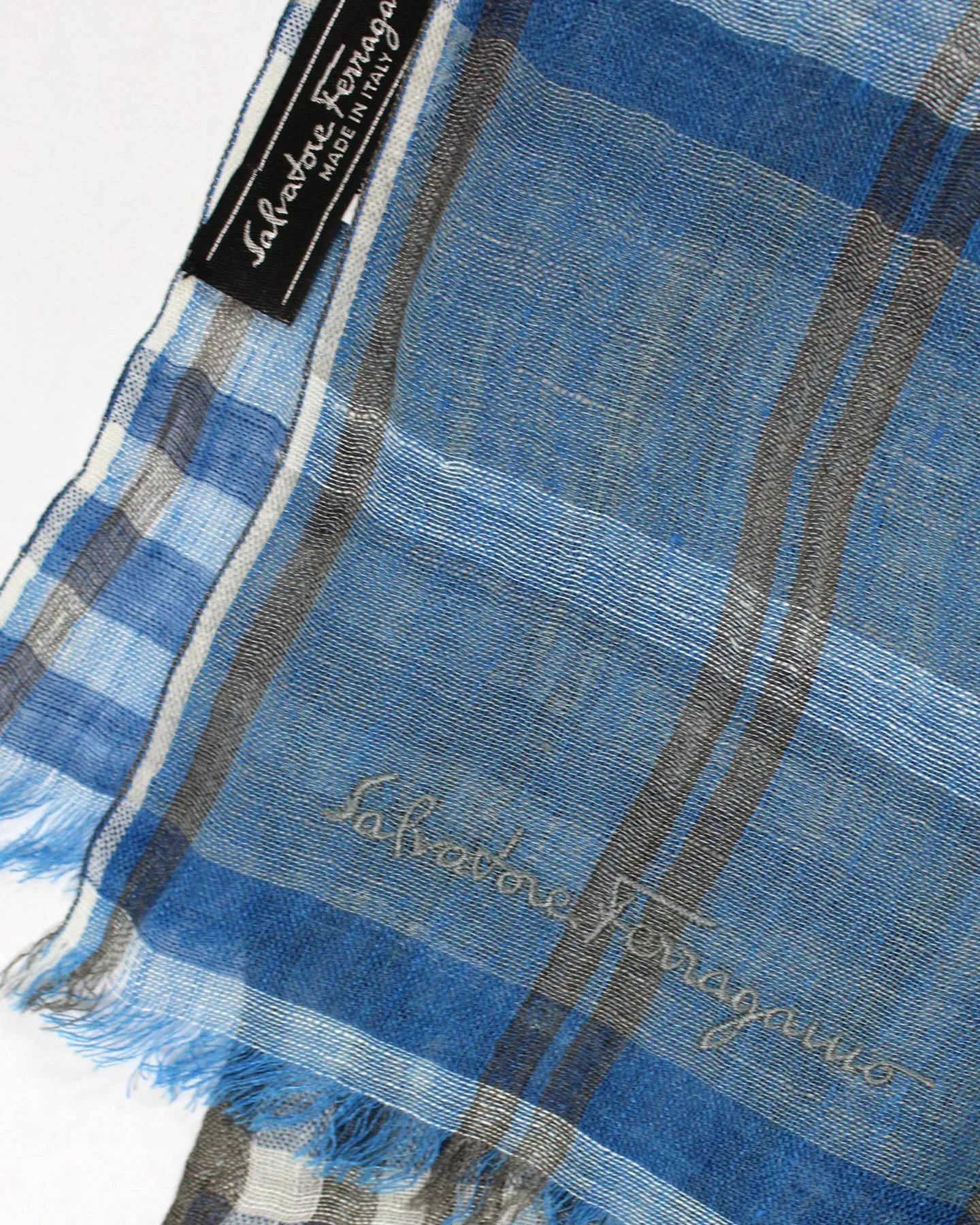 Salvatore Ferragamo Scarf Blue Plaid - Linen Silk Large Shawl SALE