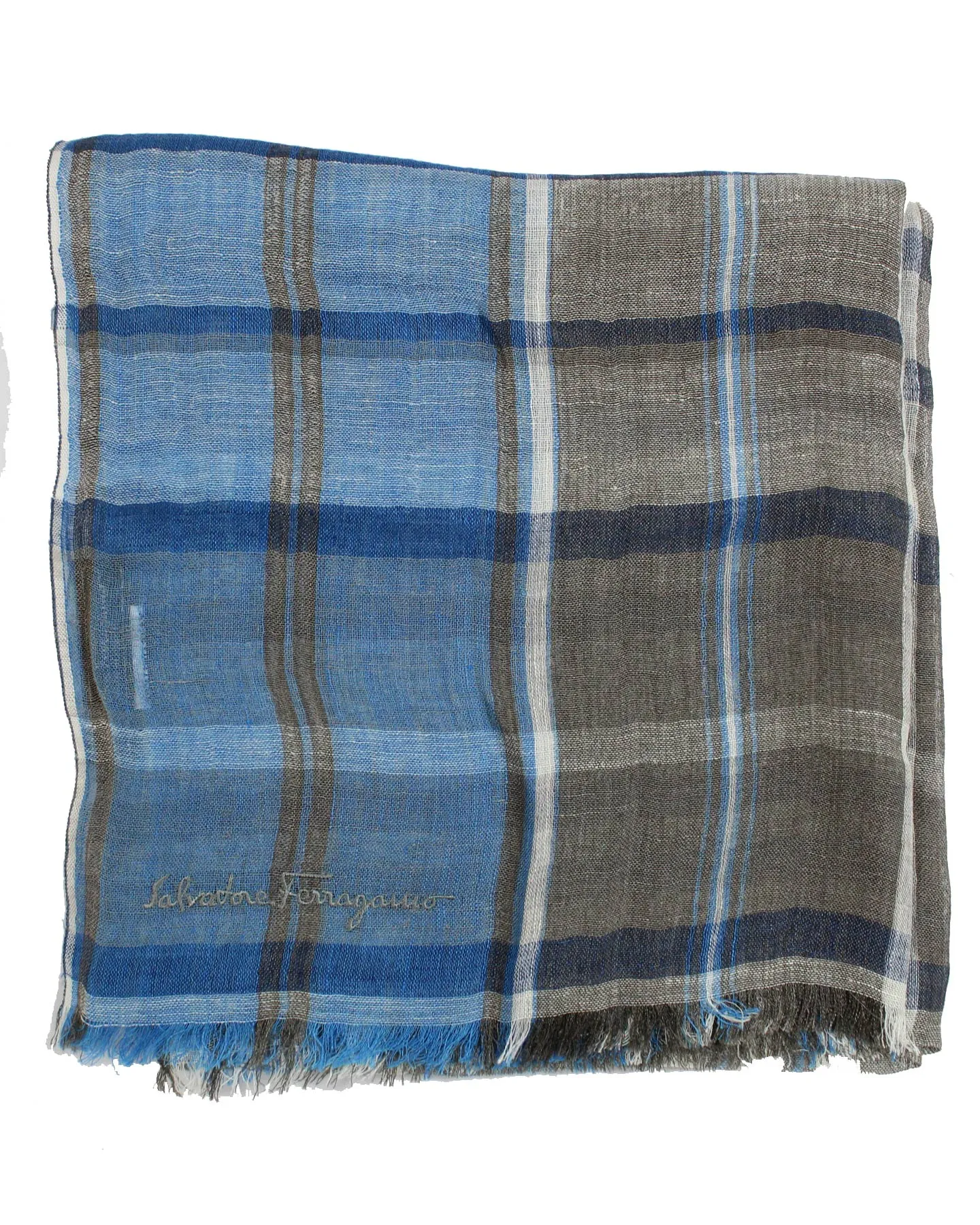 Salvatore Ferragamo Scarf Blue Plaid - Linen Silk Large Shawl SALE