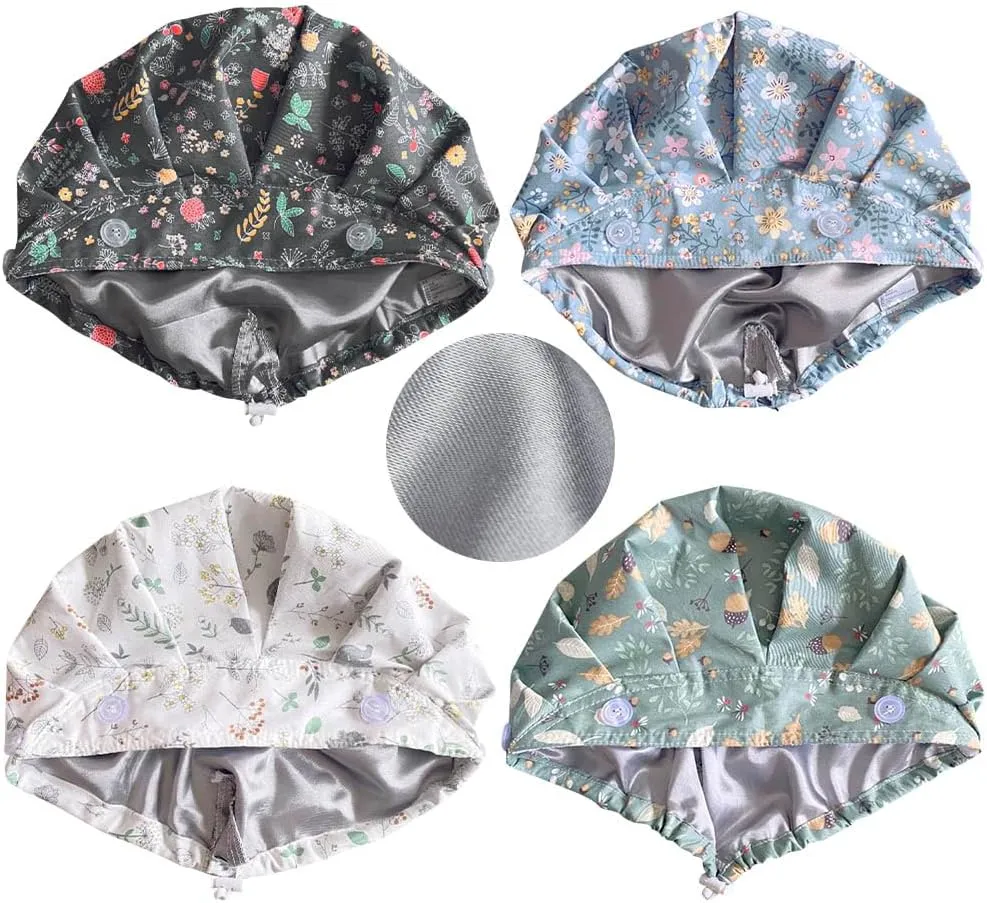 Satin Lined Scrub Caps Women Adjustable Nurse Surgical Hat with Buttons Sweatband Ponytail Working Cap with Tie Back