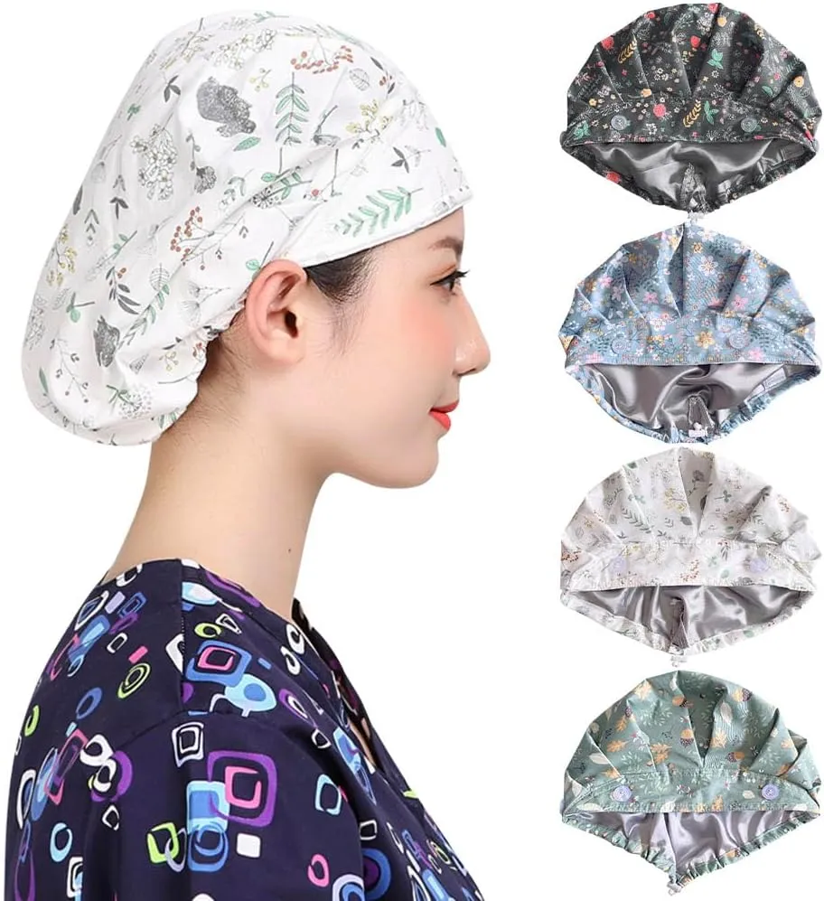 Satin Lined Scrub Caps Women Adjustable Nurse Surgical Hat with Buttons Sweatband Ponytail Working Cap with Tie Back