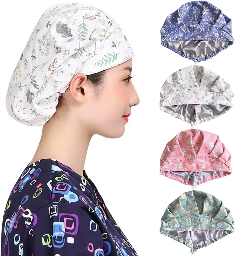 Satin Lined Scrub Caps Women Adjustable Nurse Surgical Hat with Buttons Sweatband Ponytail Working Cap with Tie Back