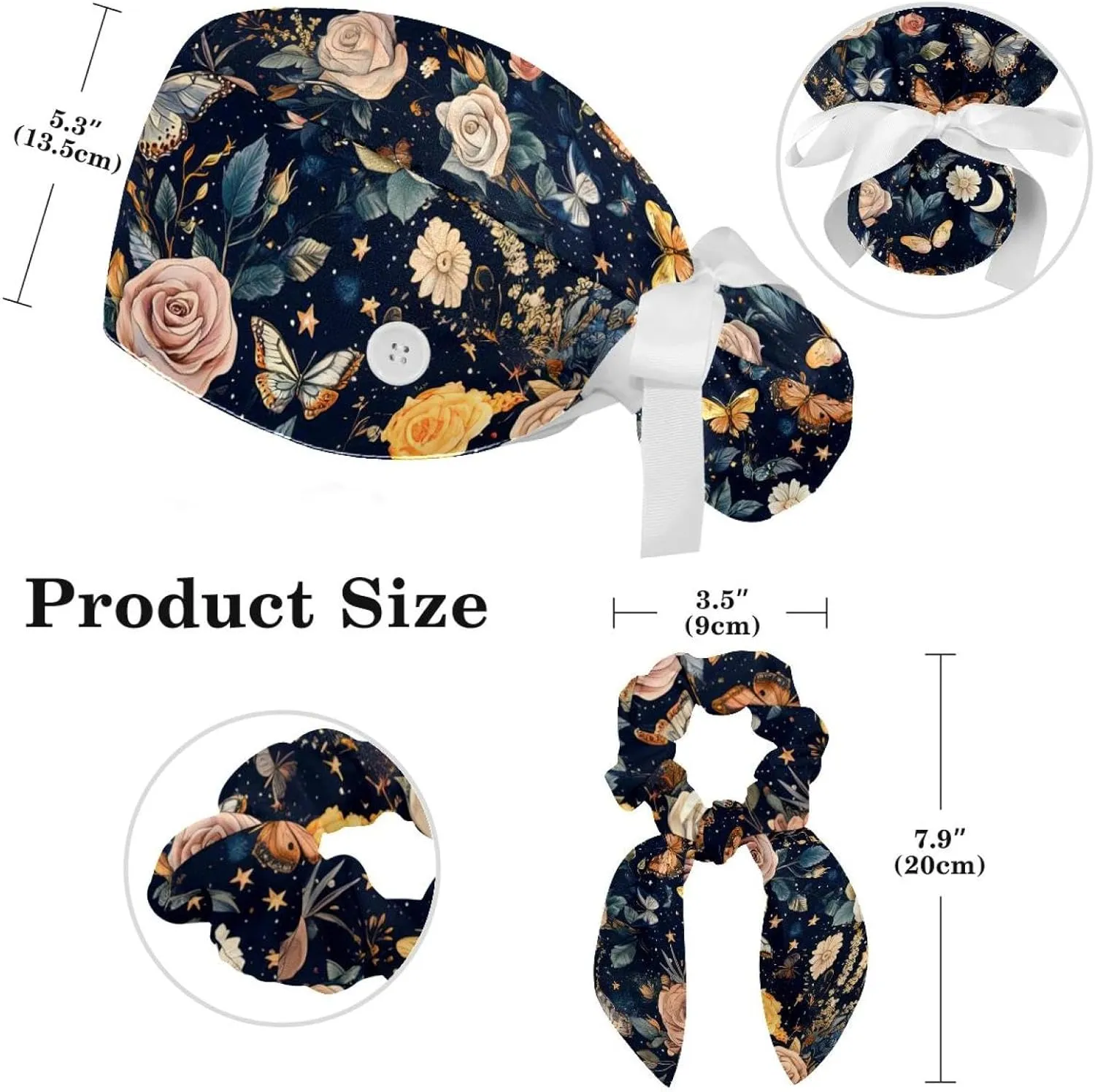 Scrub Caps Women, Adjustable Surgical Caps with Ponytail Pouch Working Cap Hair Scrunchy, Floral Vintage Butterfly Wildflower