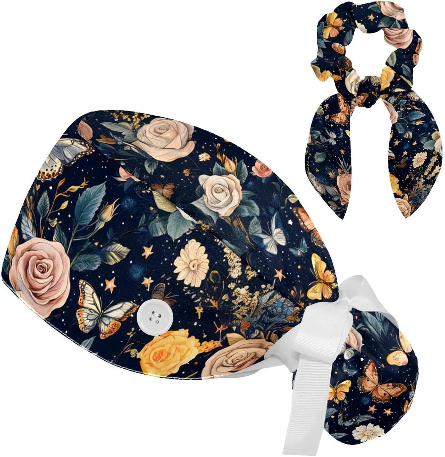 Scrub Caps Women, Adjustable Surgical Caps with Ponytail Pouch Working Cap Hair Scrunchy, Floral Vintage Butterfly Wildflower