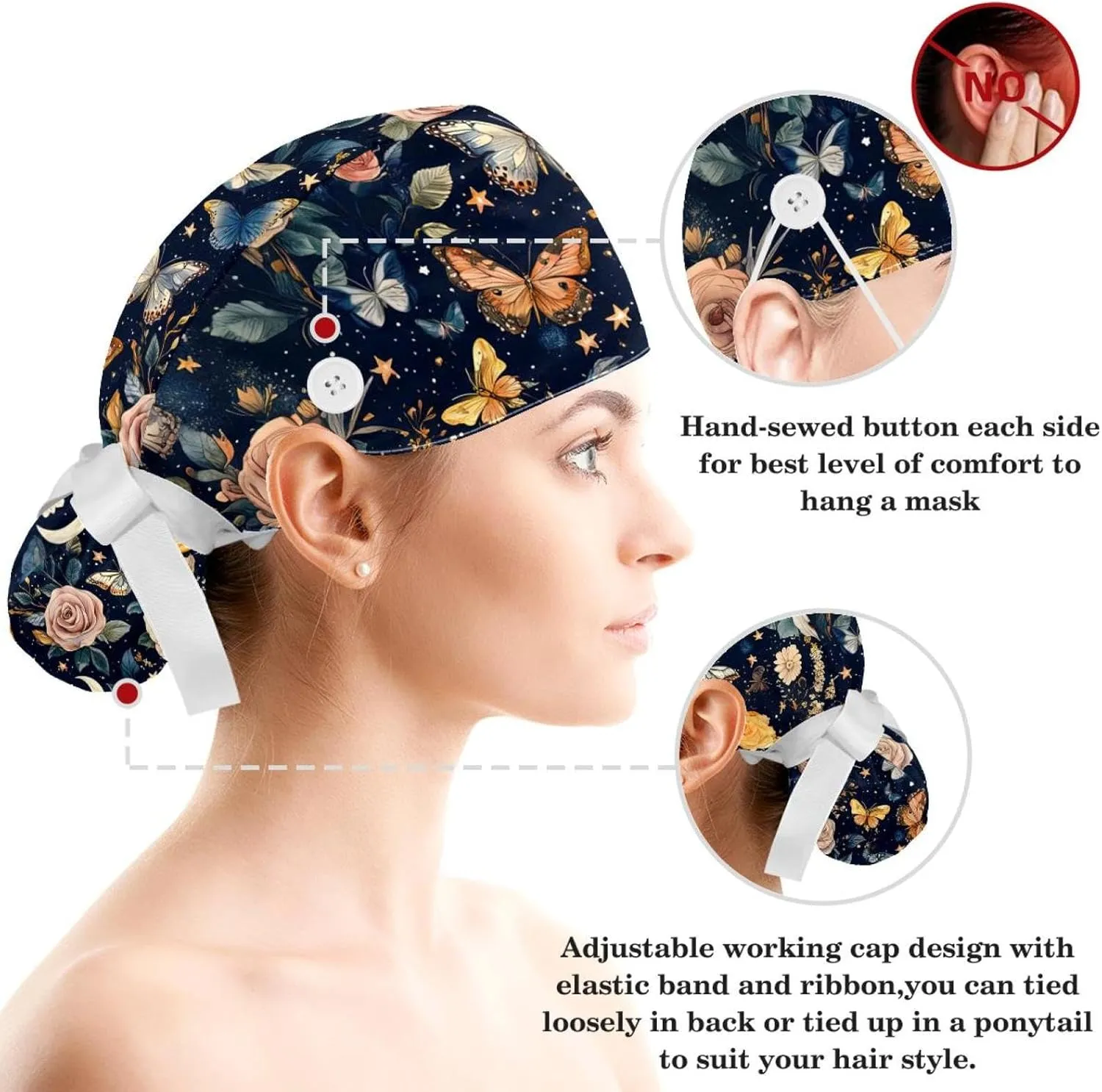 Scrub Caps Women, Adjustable Surgical Caps with Ponytail Pouch Working Cap Hair Scrunchy, Floral Vintage Butterfly Wildflower