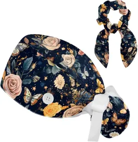 Scrub Caps Women, Adjustable Surgical Caps with Ponytail Pouch Working Cap Hair Scrunchy, Floral Vintage Butterfly Wildflower