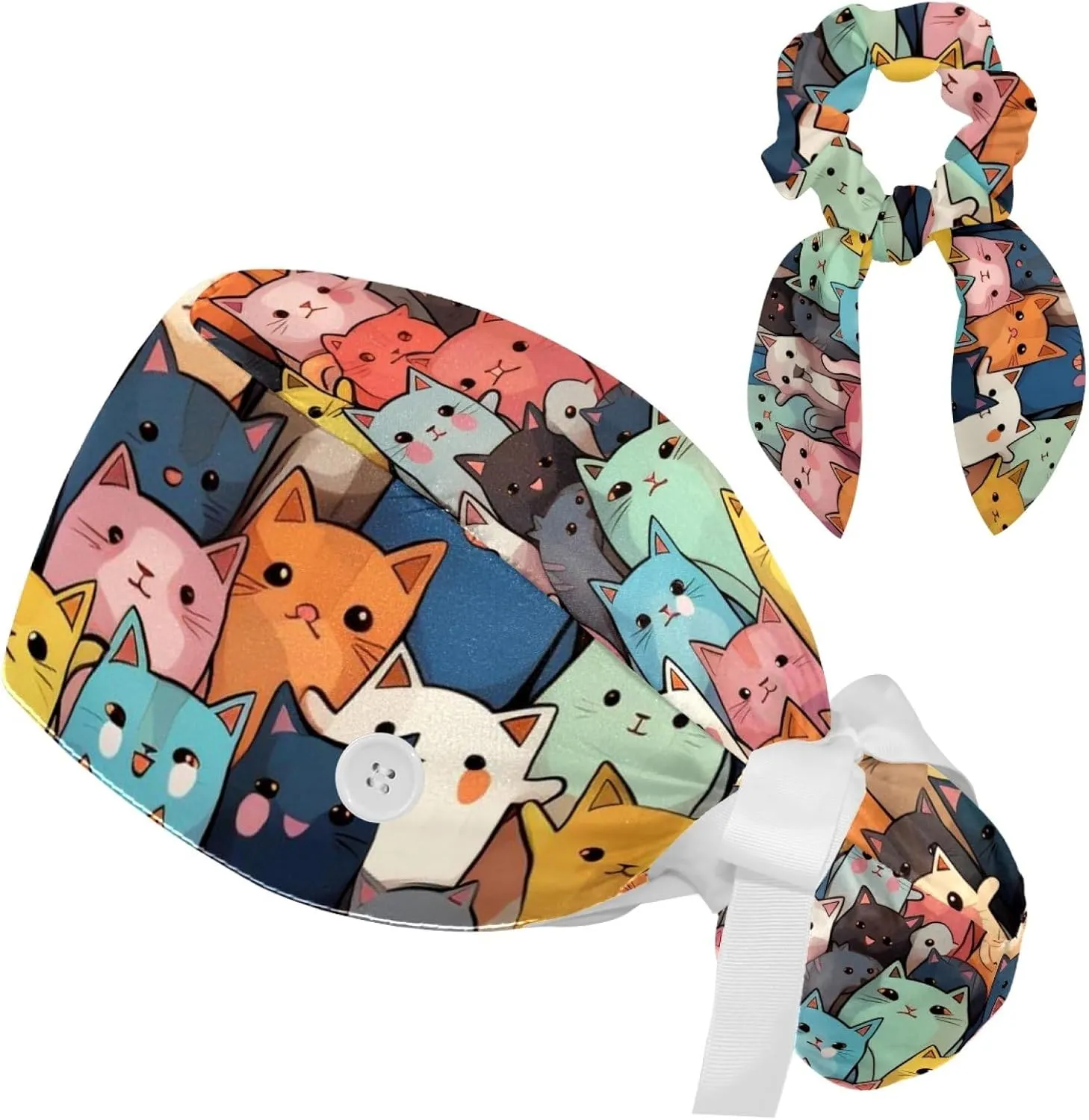Scrub Caps Women with Button,Colored Cartoon Seamless Cats Adjustable Surgical Caps with Ponytail Pouch,Working Cap with Bow