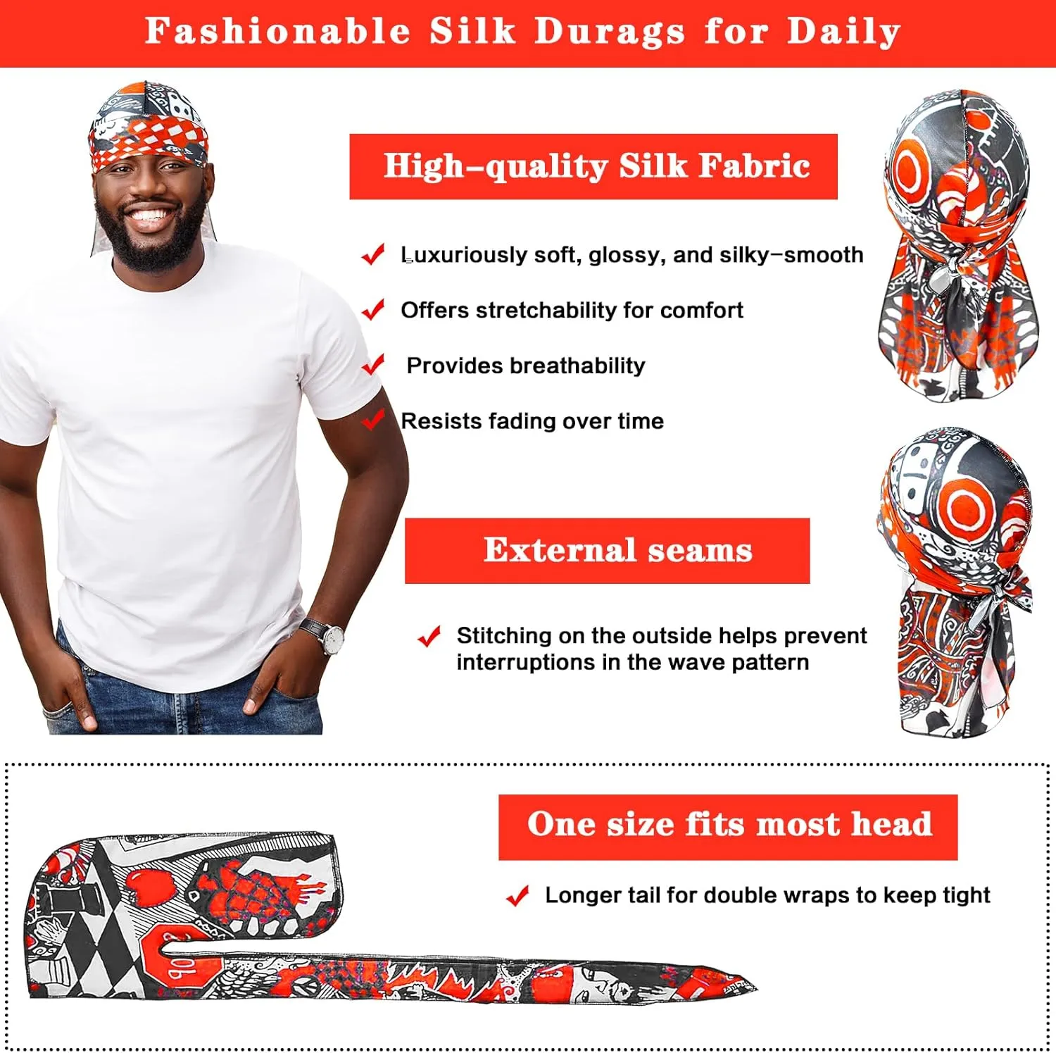 Silk Durag for Men Women, Printed Do Rag with Long Tail Durag Hip Hop Satin Bandana Hat Satin 360