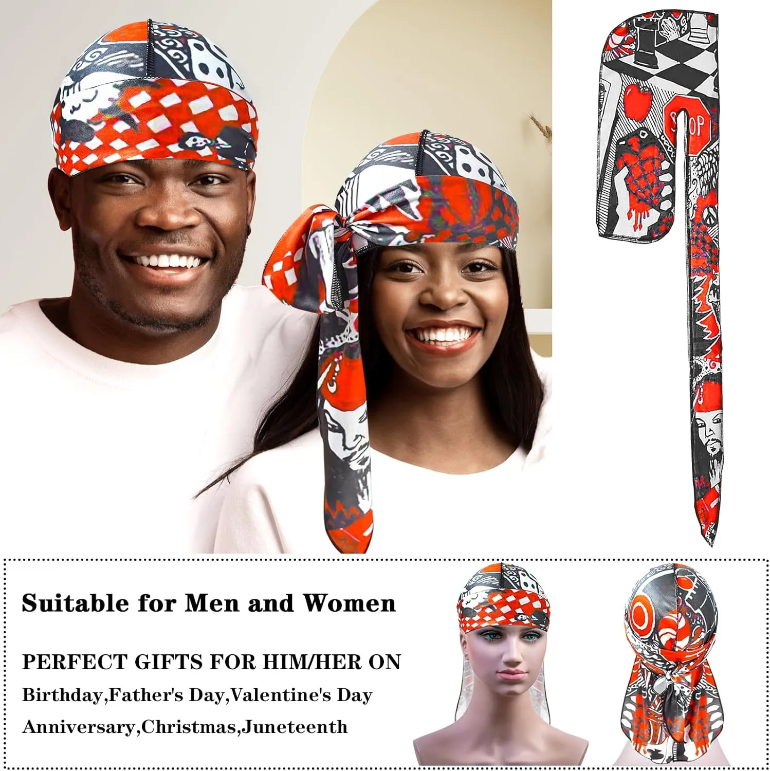 Silk Durag for Men Women, Printed Do Rag with Long Tail Durag Hip Hop Satin Bandana Hat Satin 360