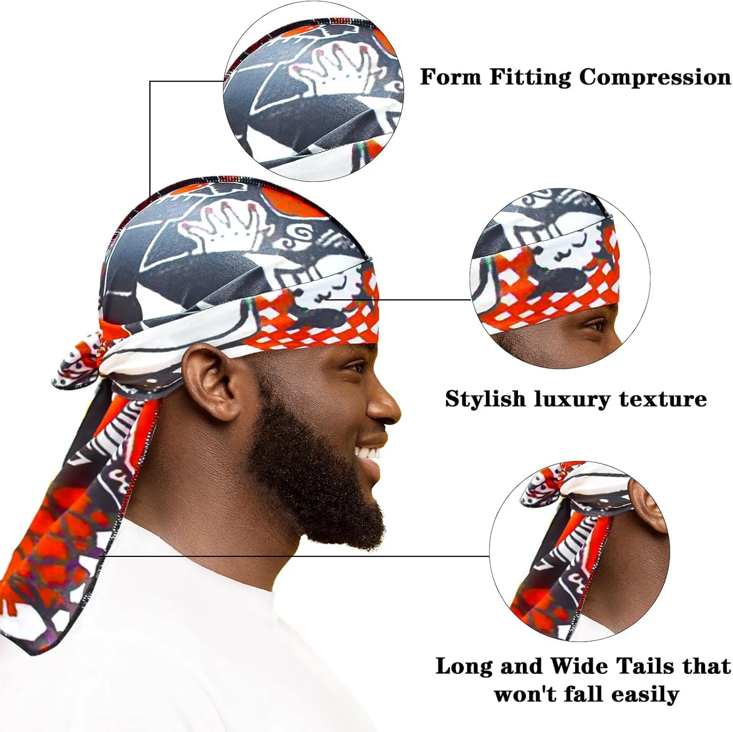 Silk Durag for Men Women, Printed Do Rag with Long Tail Durag Hip Hop Satin Bandana Hat Satin 360