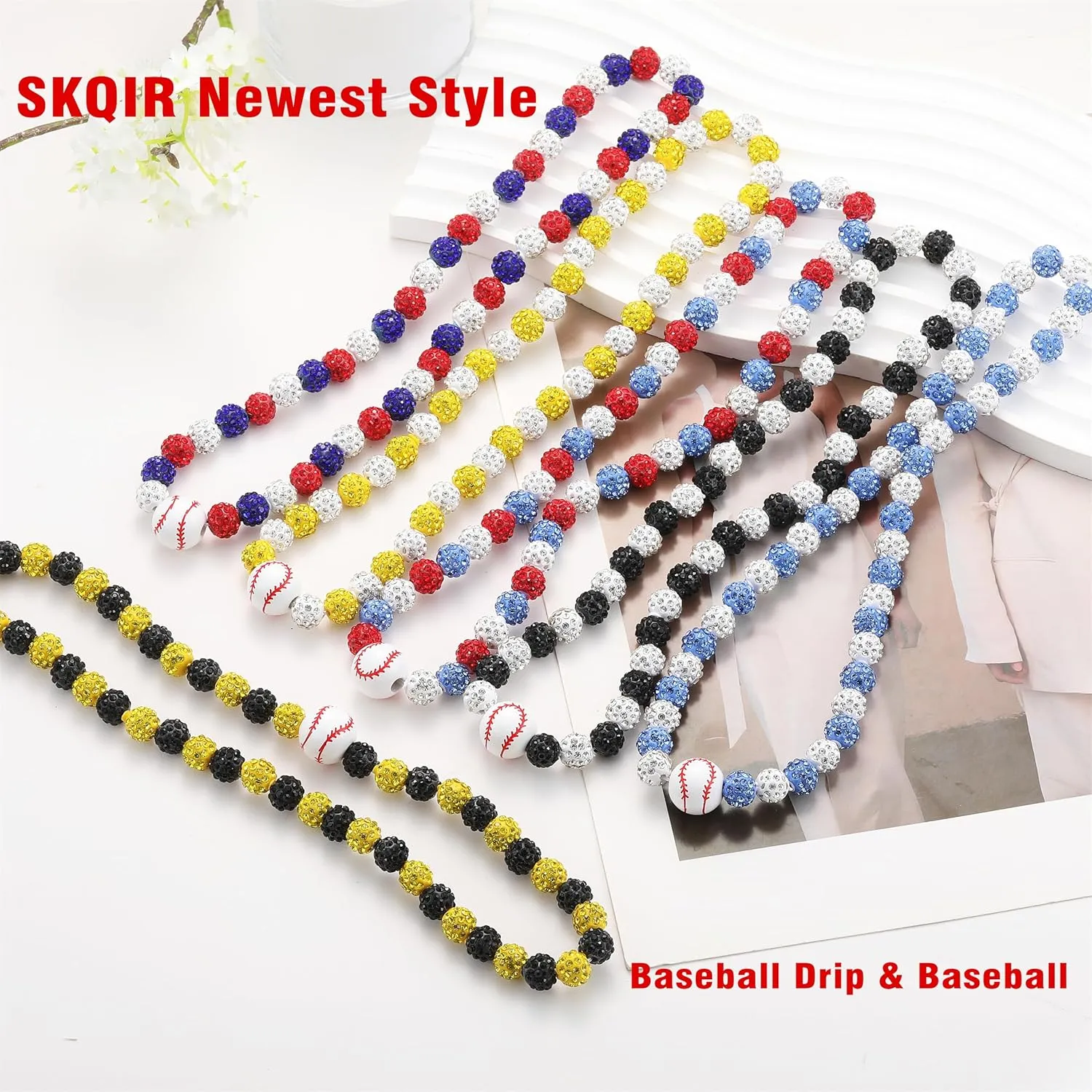 SKQIR Baseball Beaded Necklace for Men Bling Rhinestone Baseball Drip Accessories for Men Sparkly Diamond Ice Collection Baseball Chain Necklace Gifts for Baseball Player Team Lovers