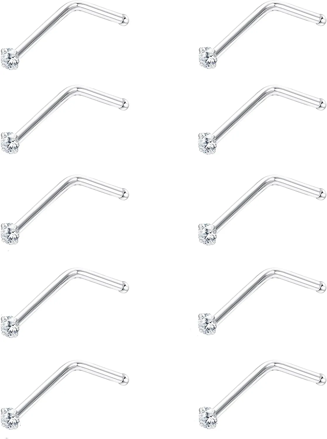 Sllaiss 10Pcs 22G Sterling Silver Small L Shape Nose Ring Studs for Women Mens Czech Crystal Curved Nose Piercings Set Body Jewelry Hypoallergenic