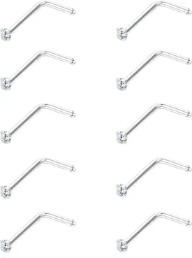 Sllaiss 10Pcs 22G Sterling Silver Small L Shape Nose Ring Studs for Women Mens Czech Crystal Curved Nose Piercings Set Body Jewelry Hypoallergenic