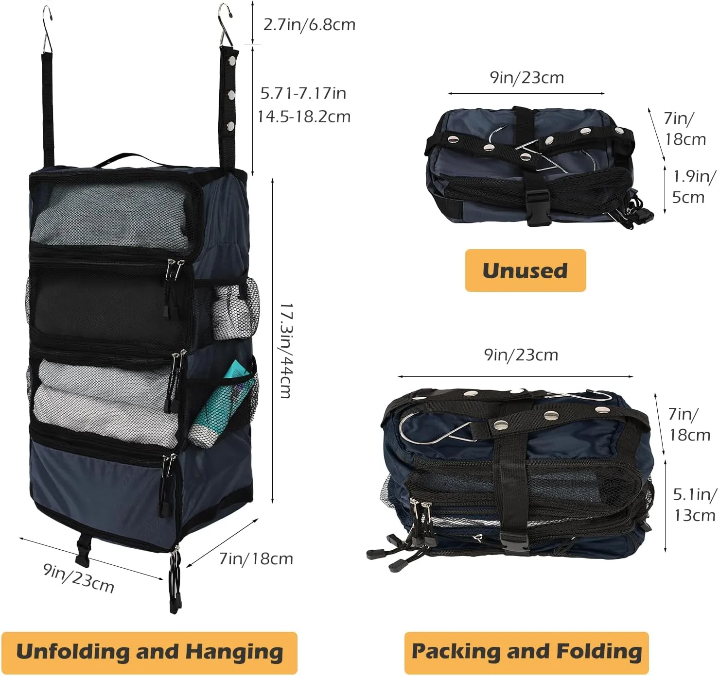 TABITORA Travel Luggage Organizer Hanging Packing Cubes Portable Hanging Shelves Carry on Closet for Suitcase with 2 Hooks,Collapsible(Navy,S)