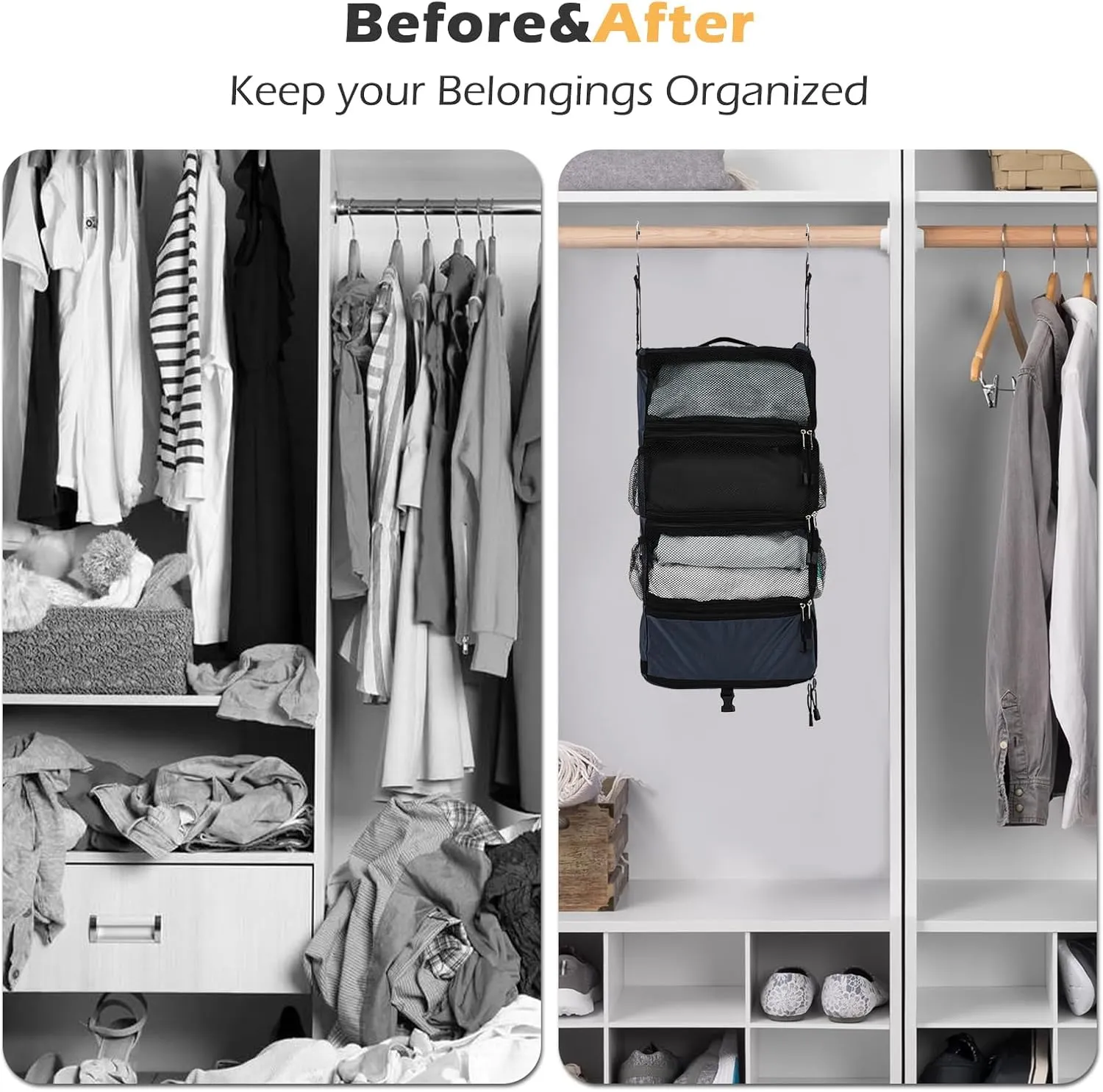TABITORA Travel Luggage Organizer Hanging Packing Cubes Portable Hanging Shelves Carry on Closet for Suitcase with 2 Hooks,Collapsible(Navy,S)
