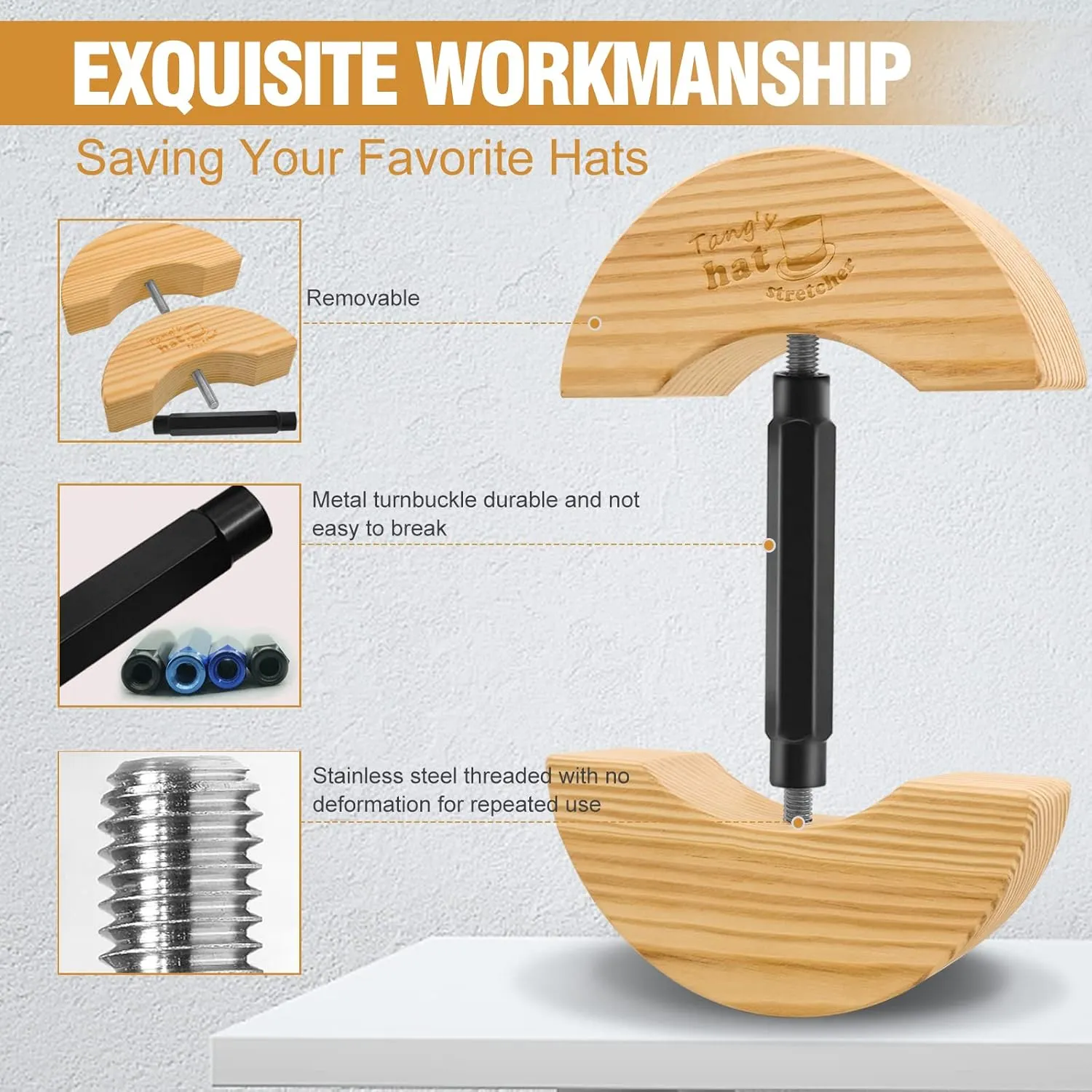 Tang's Wooden Hat Stretcher for Fitted Hats,Adjustable Turn Buckle .OneSizeUnisex AdultsHatShaper, Suit for All Hat Women&Men