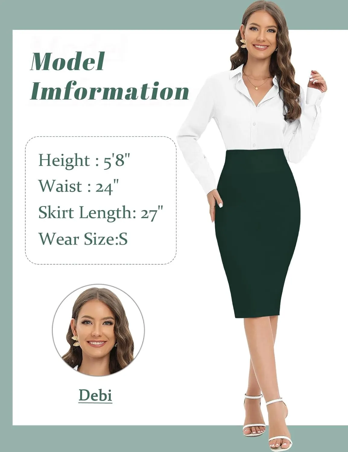 Tapata Women's Office Work Pencil Skirt Stretch High Waist Below Knee Bodycon for Business Casual
