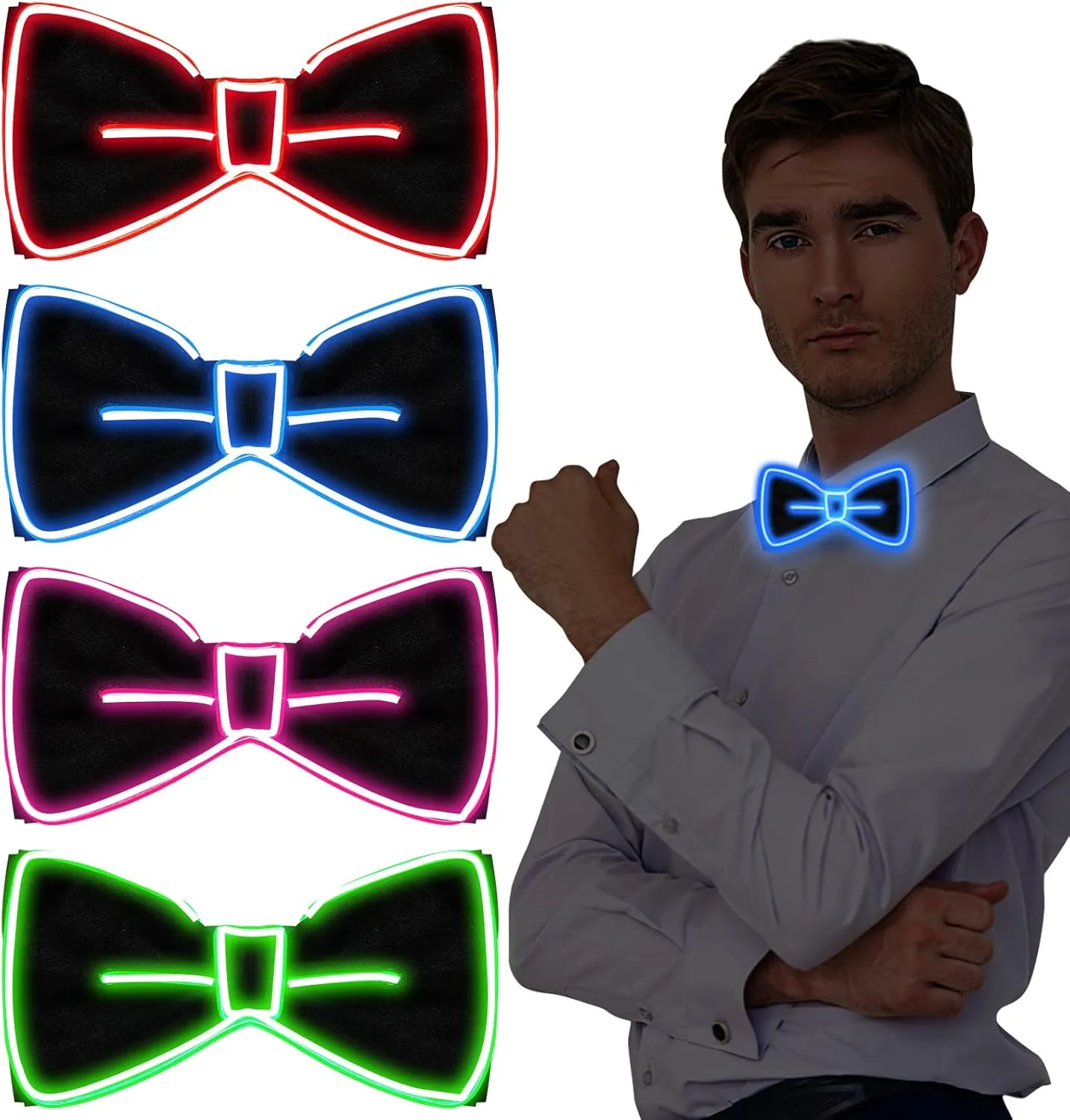 Vabean 4 Pcs Light up Bow Tie for Men Light up Neon Accessories Funny Adjustable LED Bow Tie Novelty Glow in The Dark