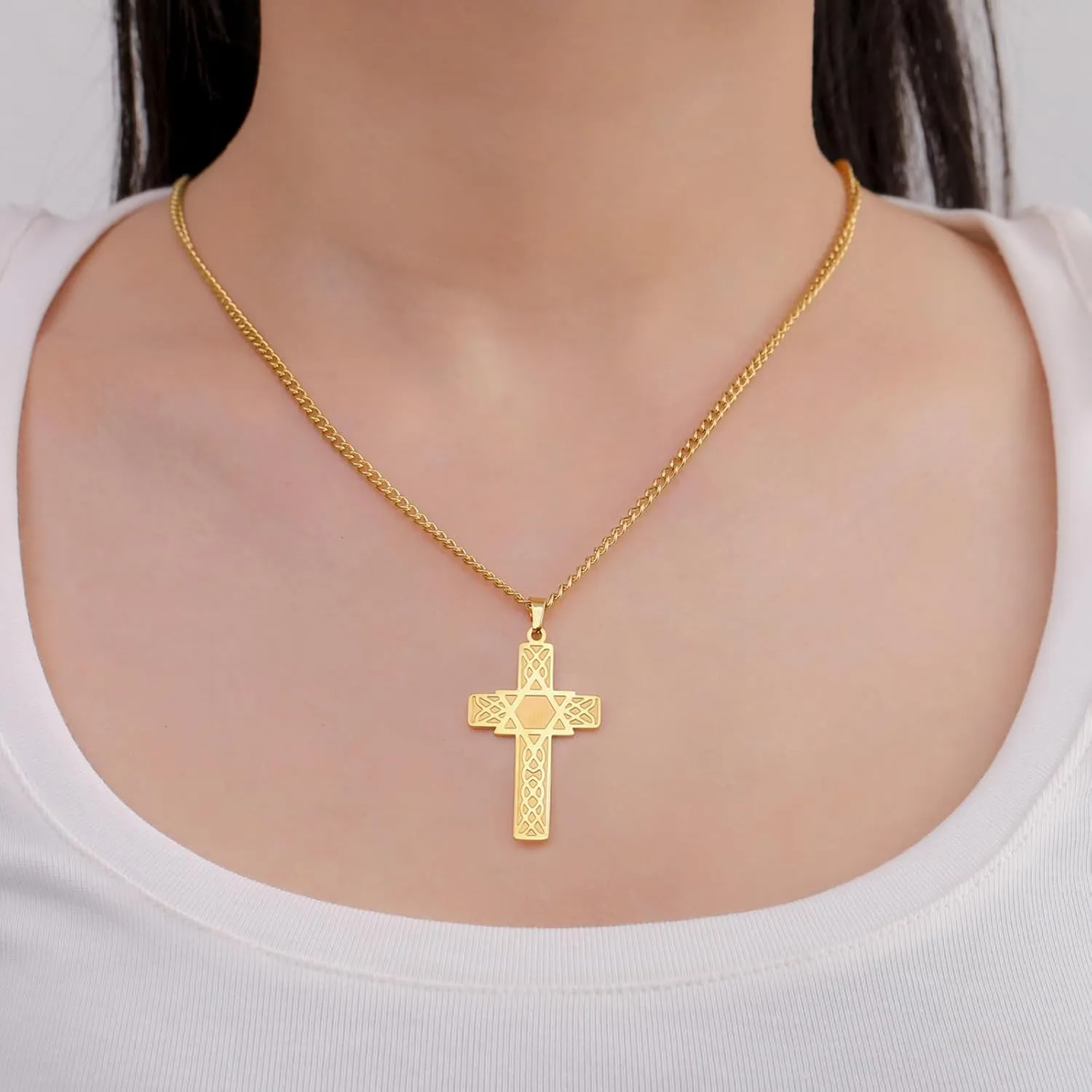 VASSAGO Cross Star of David Pendant Necklace for Men Women Crucifix Cross Pendant with Hexagon Stainless Steel Religious Jewish Christian Protection Jewelry Gifts