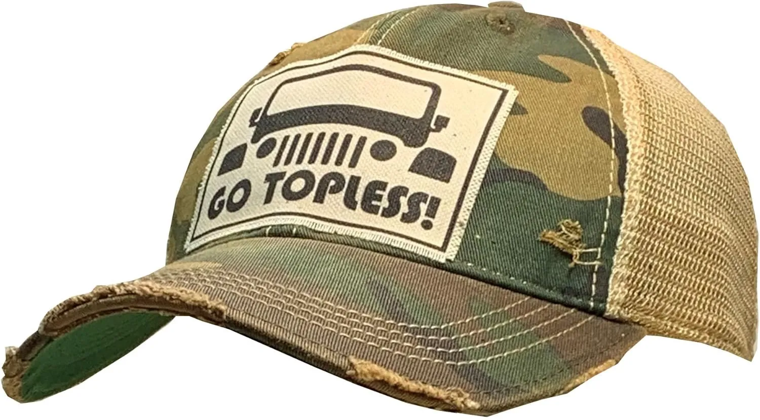 VINTAGE LIFE Go Topless Distressed Trucker Cap, One Size, Camo, Cotton and Polyester, Headgear, Hat, Headwear