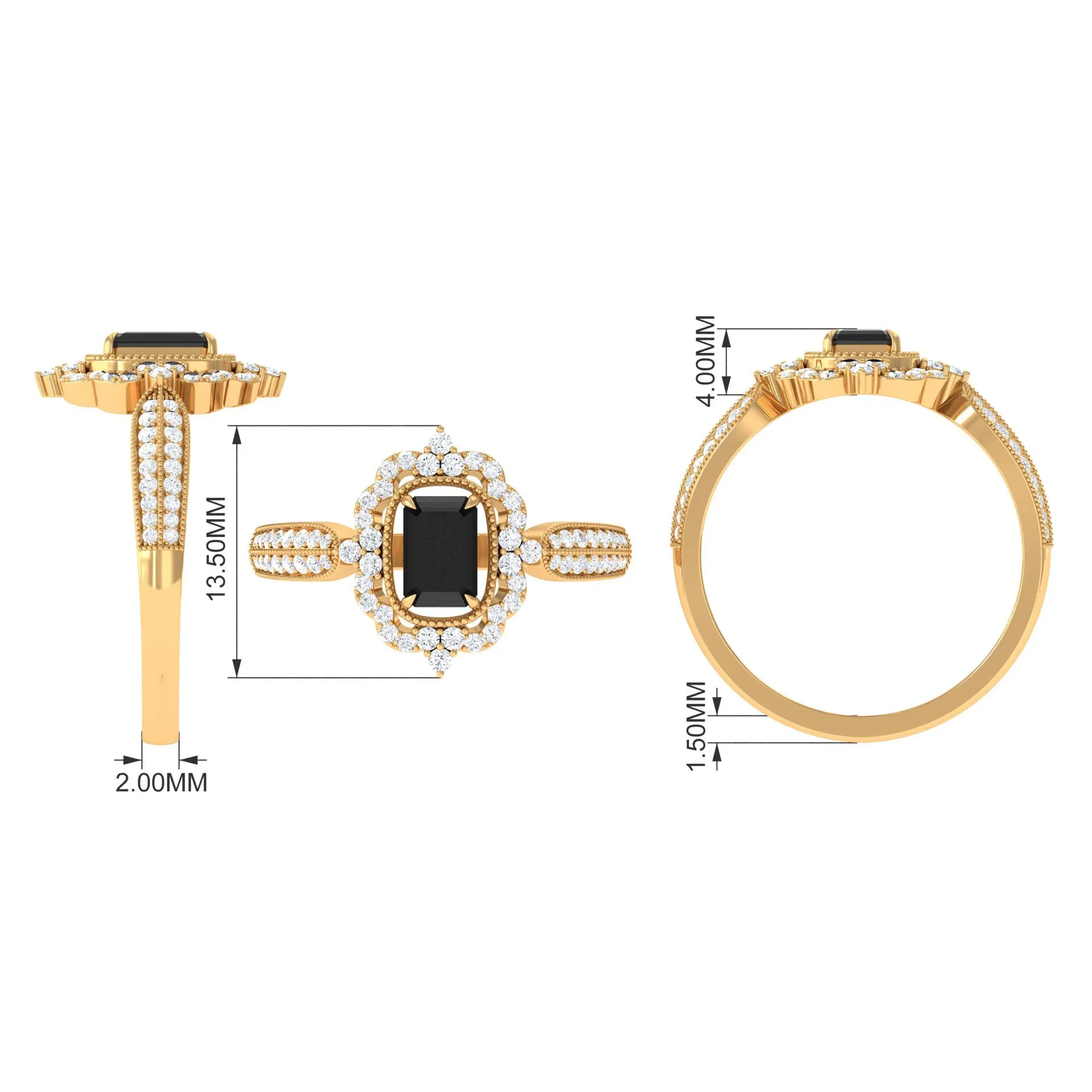 Vintage Style Octagon Created Black Diamond Floral Engagement Ring with Accent