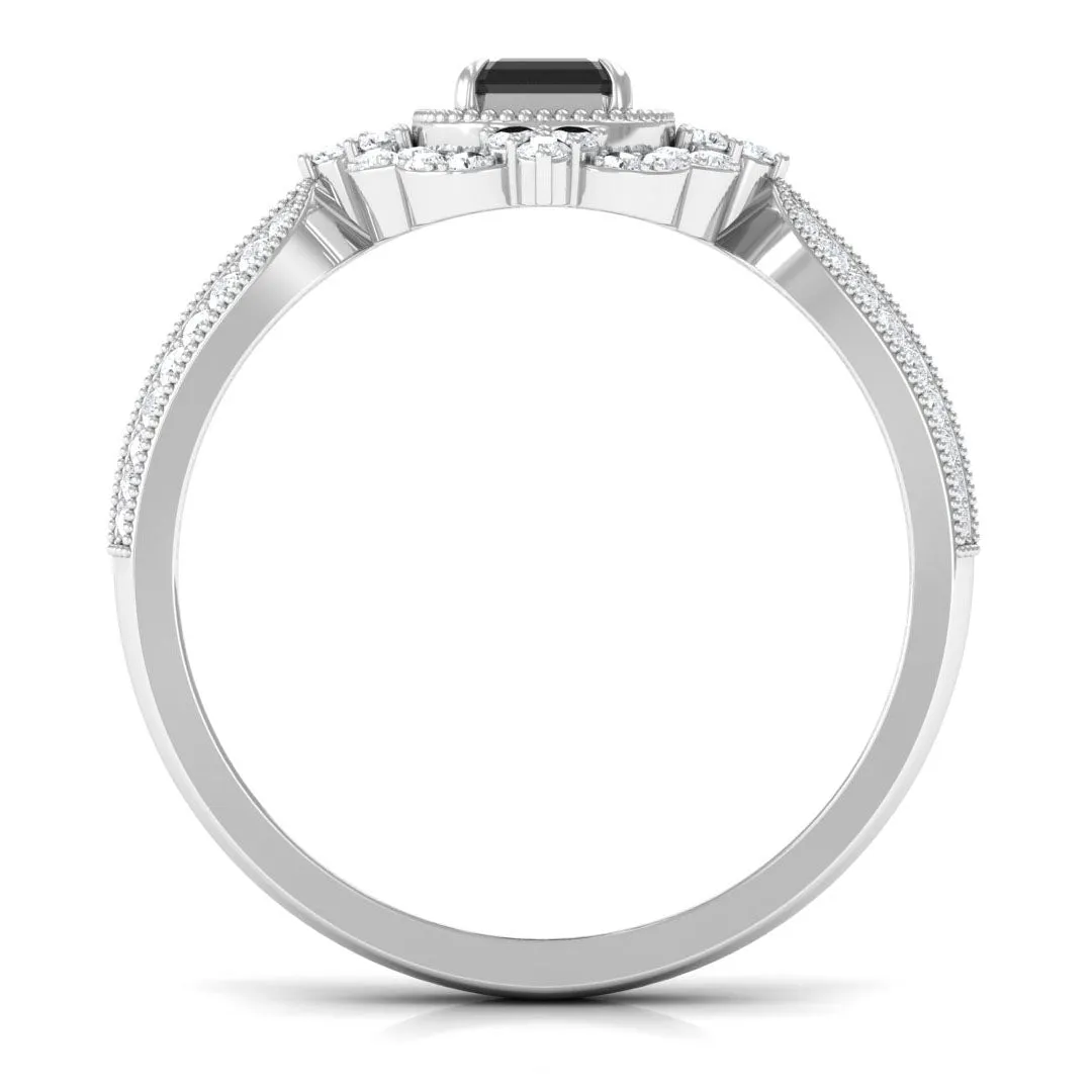 Vintage Style Octagon Created Black Diamond Floral Engagement Ring with Accent
