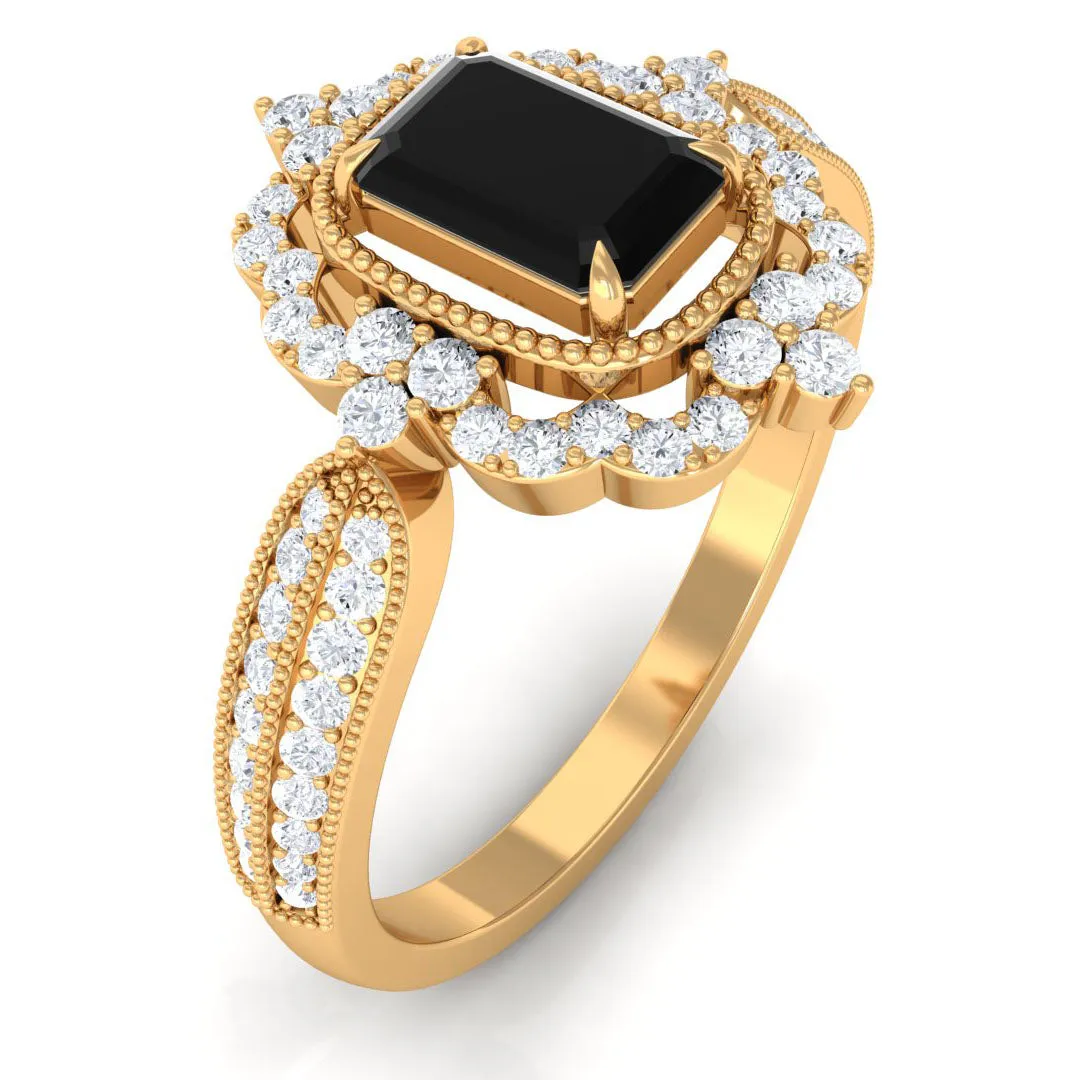 Vintage Style Octagon Created Black Diamond Floral Engagement Ring with Accent