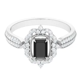 Vintage Style Octagon Created Black Diamond Floral Engagement Ring with Accent