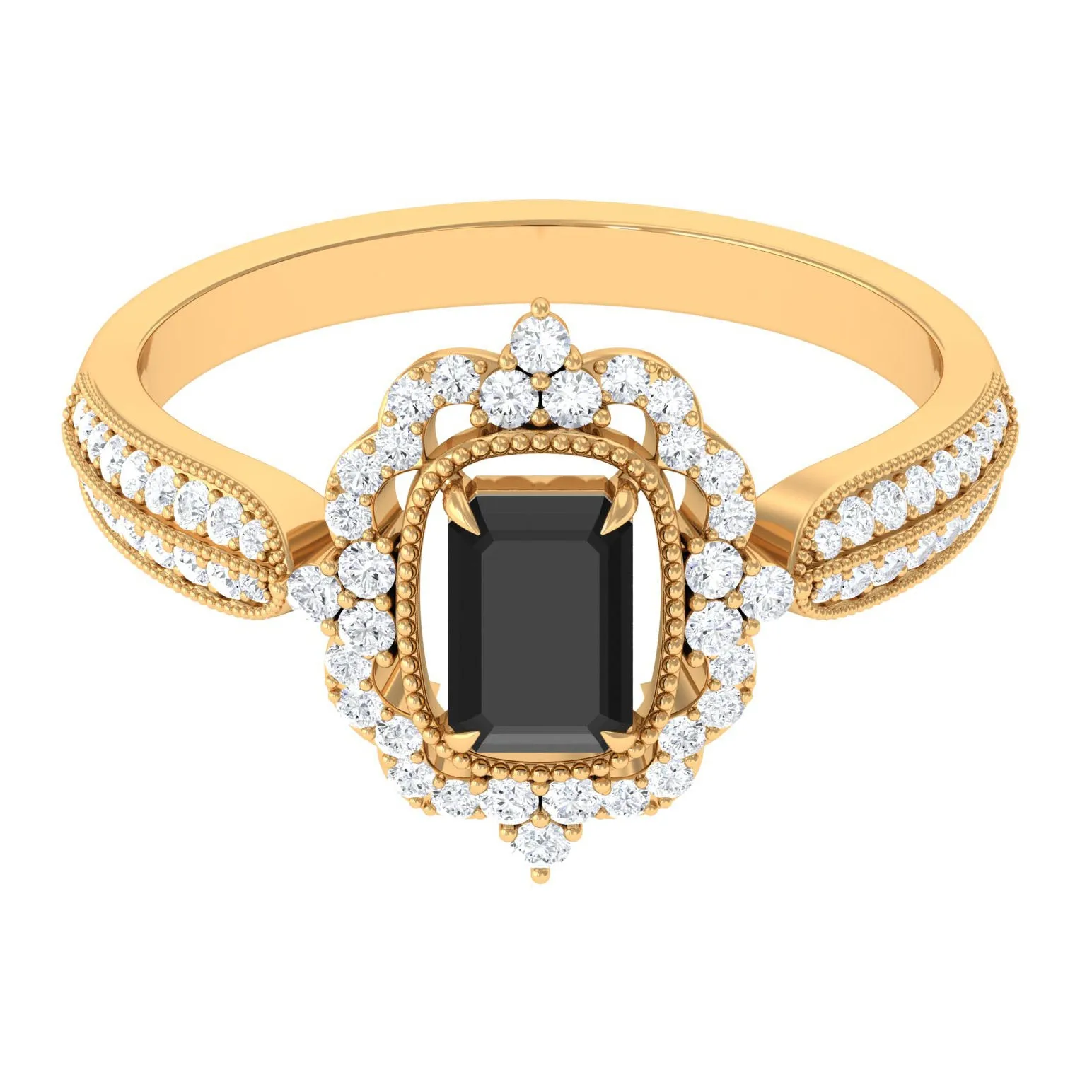 Vintage Style Octagon Created Black Diamond Floral Engagement Ring with Accent