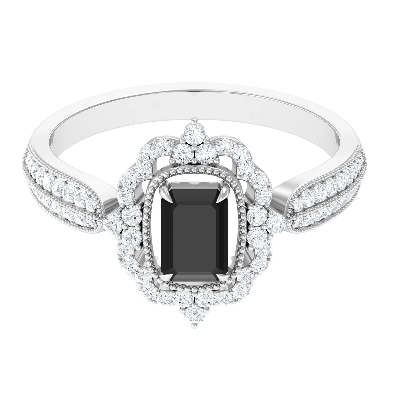 Vintage Style Octagon Created Black Diamond Floral Engagement Ring with Accent