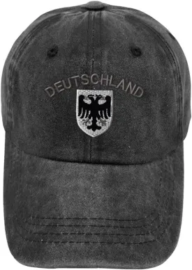 Vintage Washed Hat Deutschland Black German Eagle Embroidery Cotton Dad Hats for Men & Women Buckle Closure Black