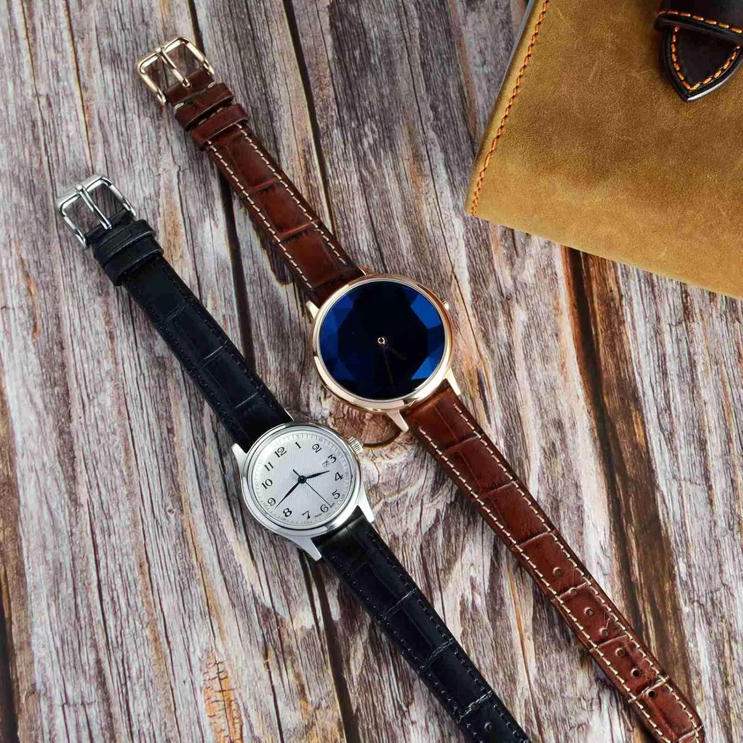 WOCCI 22mm Watch Band, Italian Leather, Embossed Alligator Grain, Gold Buckle (Brown)