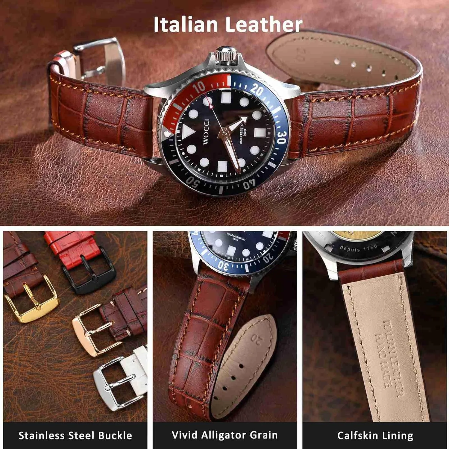 WOCCI 22mm Watch Band, Italian Leather, Embossed Alligator Grain, Gold Buckle (Brown)