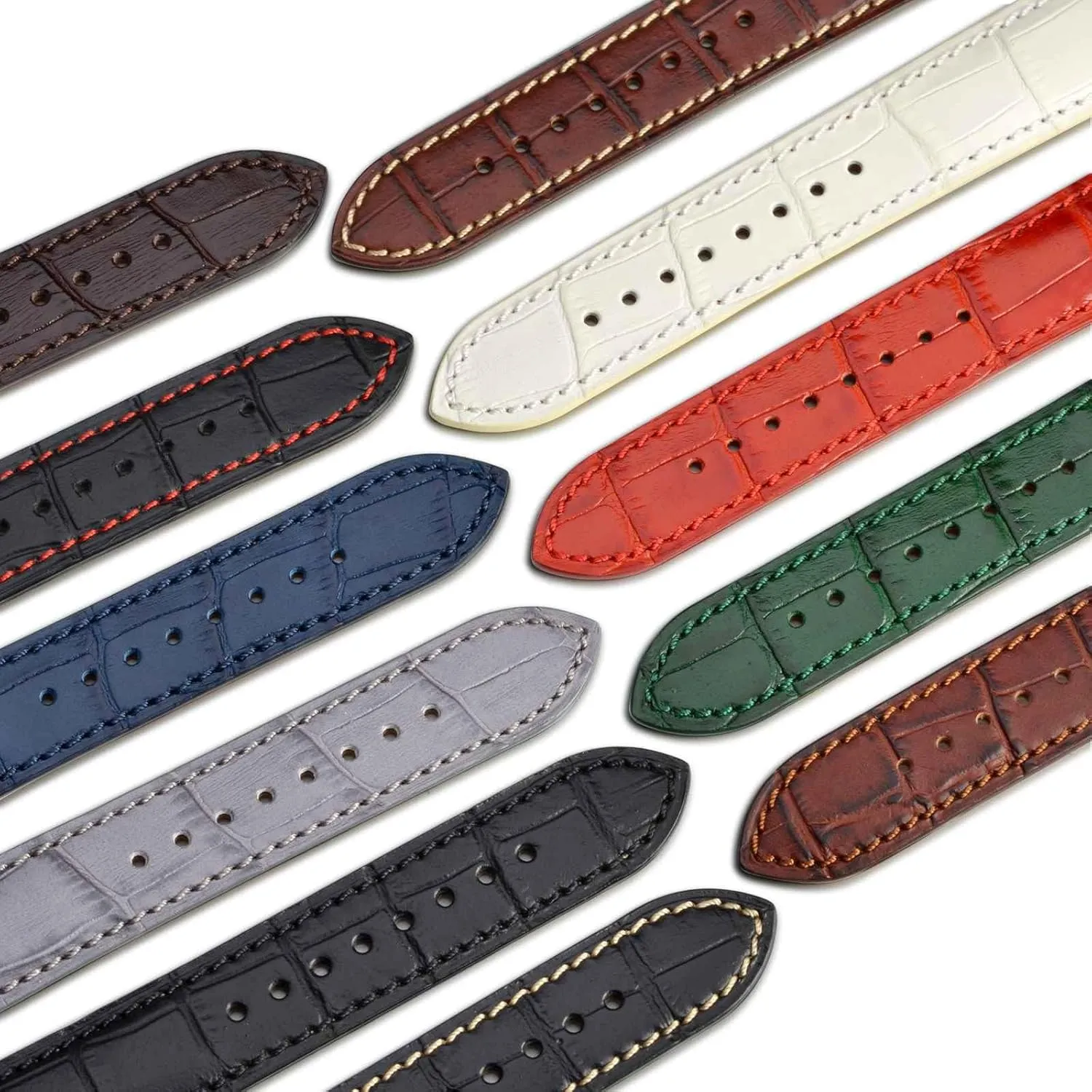 WOCCI 22mm Watch Band, Italian Leather, Embossed Alligator Grain, Gold Buckle (Brown)