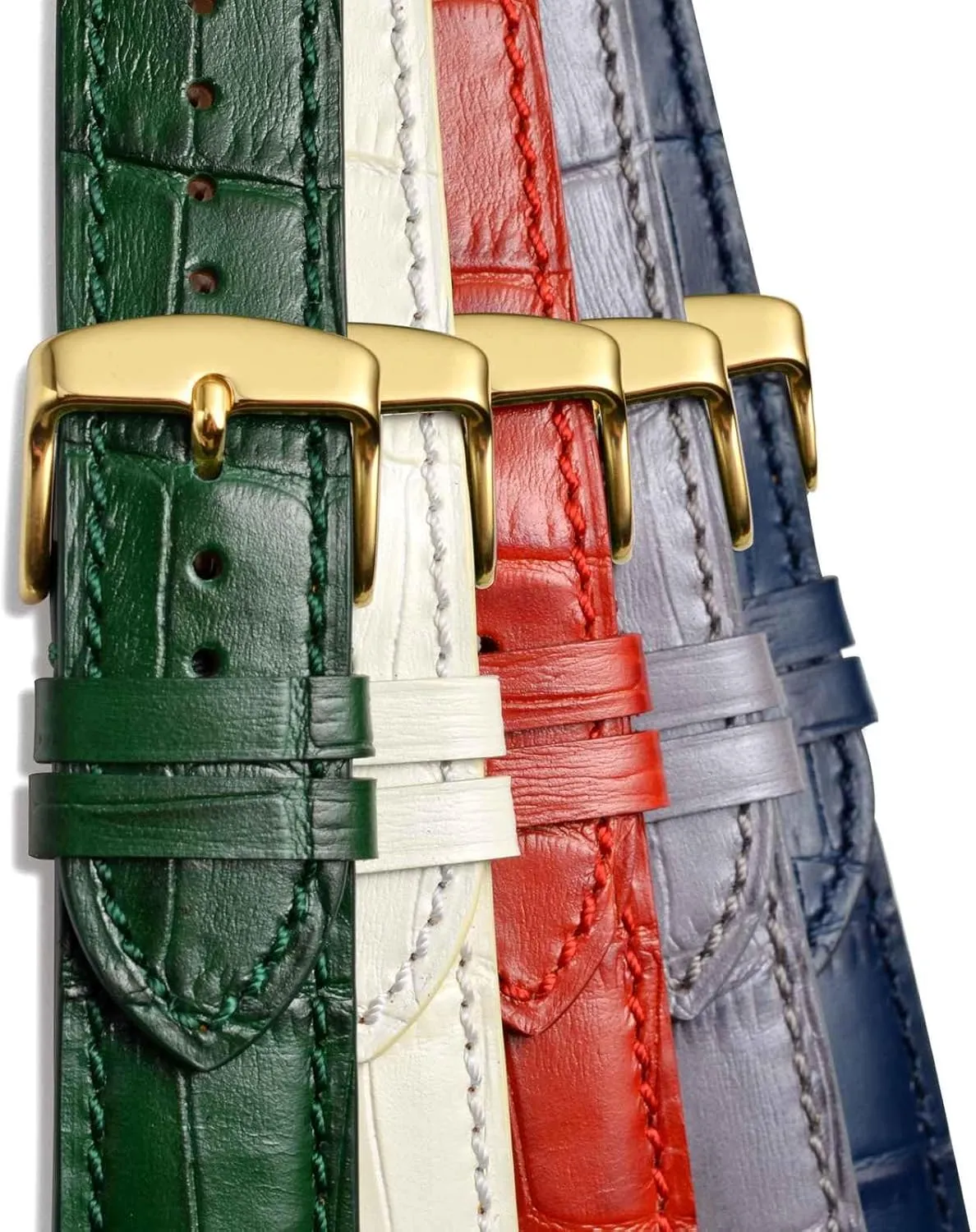 WOCCI 22mm Watch Band, Italian Leather, Embossed Alligator Grain, Gold Buckle (Brown)