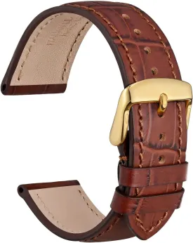 WOCCI 22mm Watch Band, Italian Leather, Embossed Alligator Grain, Gold Buckle (Brown)