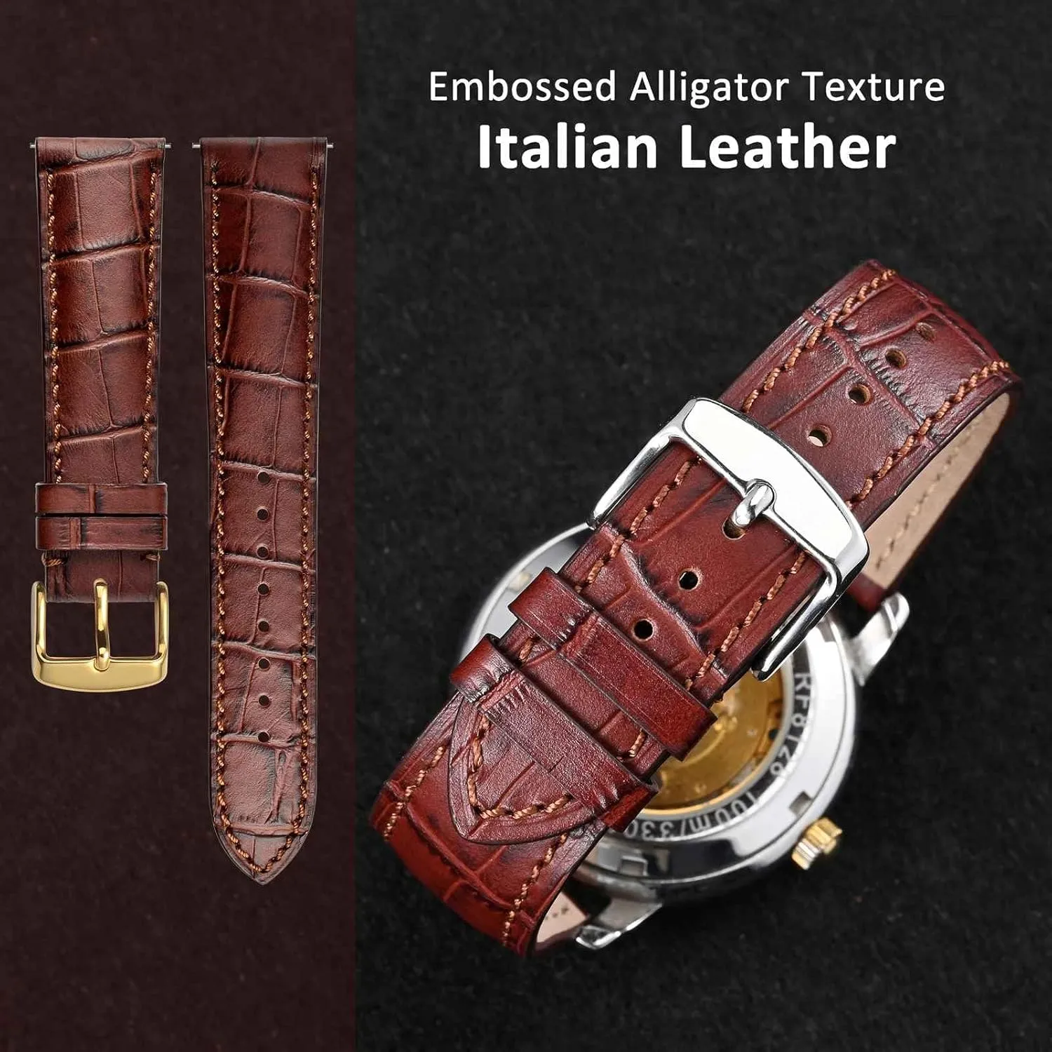 WOCCI 22mm Watch Band, Italian Leather, Embossed Alligator Grain, Gold Buckle (Brown)