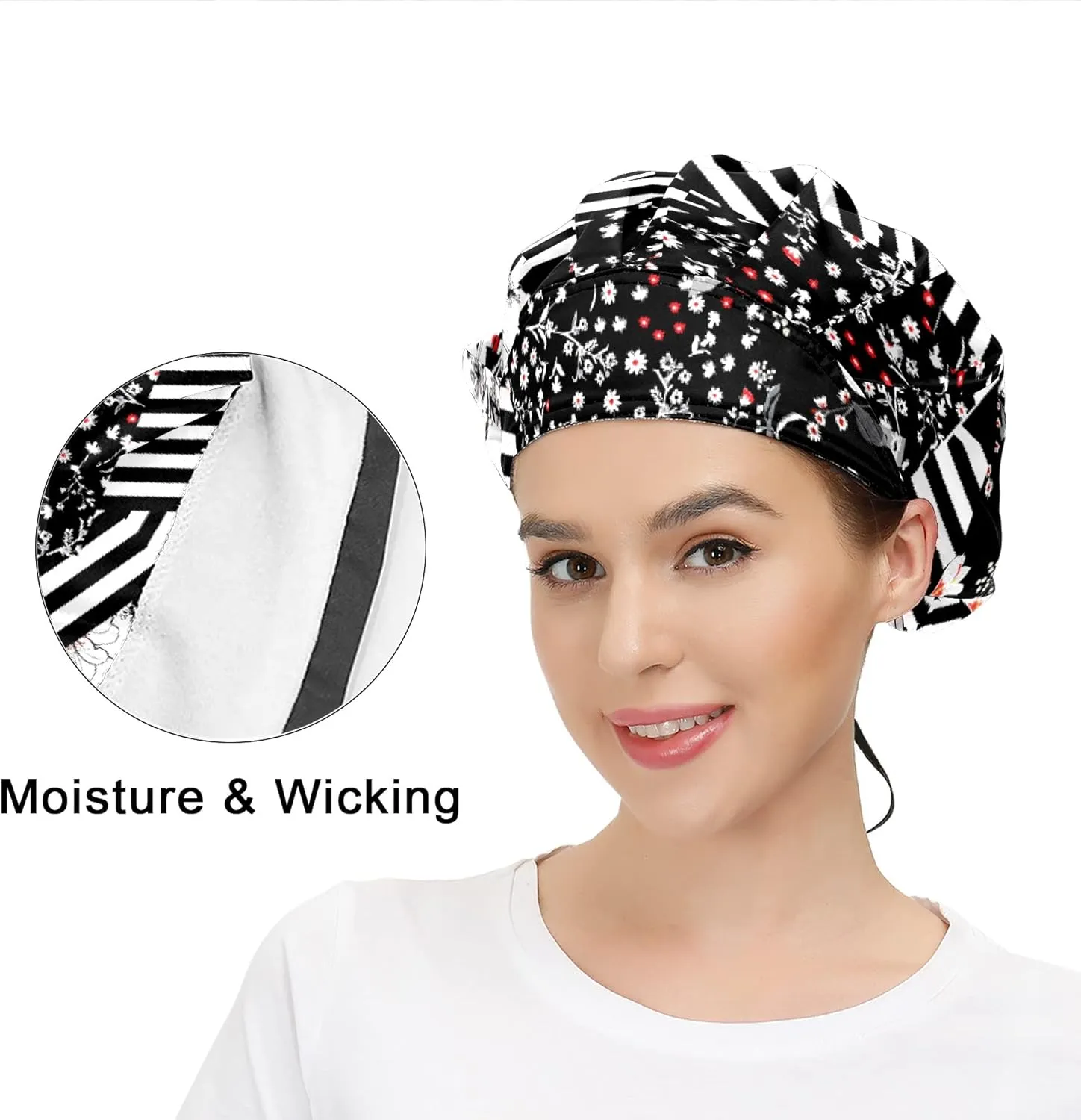 Working Cap with Button and Sweatband Adjustable Tie Back Bouffant Hats Printed Multi Color for Woman Man.