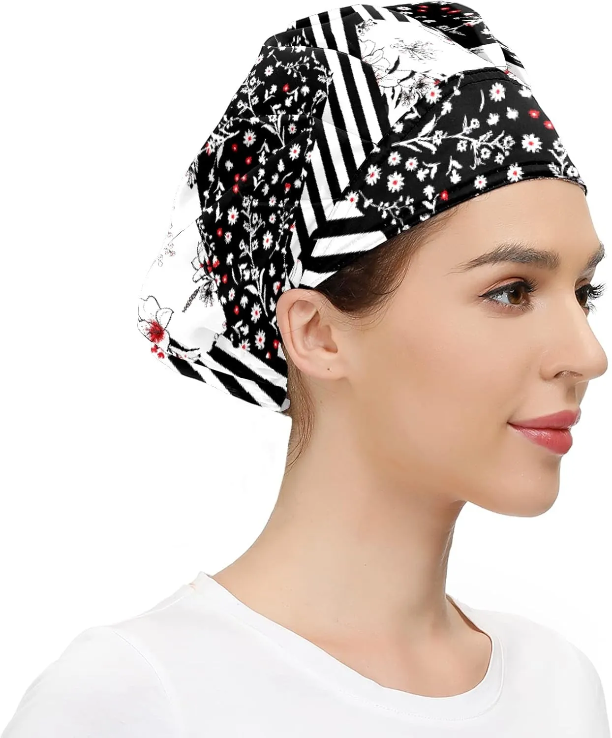 Working Cap with Button and Sweatband Adjustable Tie Back Bouffant Hats Printed Multi Color for Woman Man.