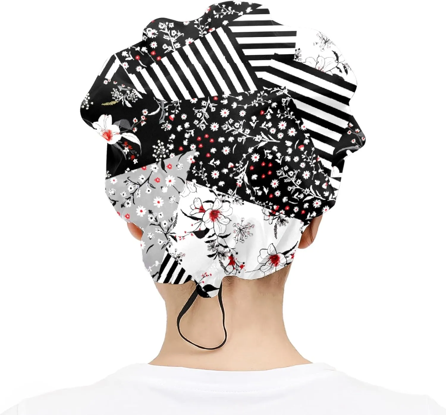 Working Cap with Button and Sweatband Adjustable Tie Back Bouffant Hats Printed Multi Color for Woman Man.