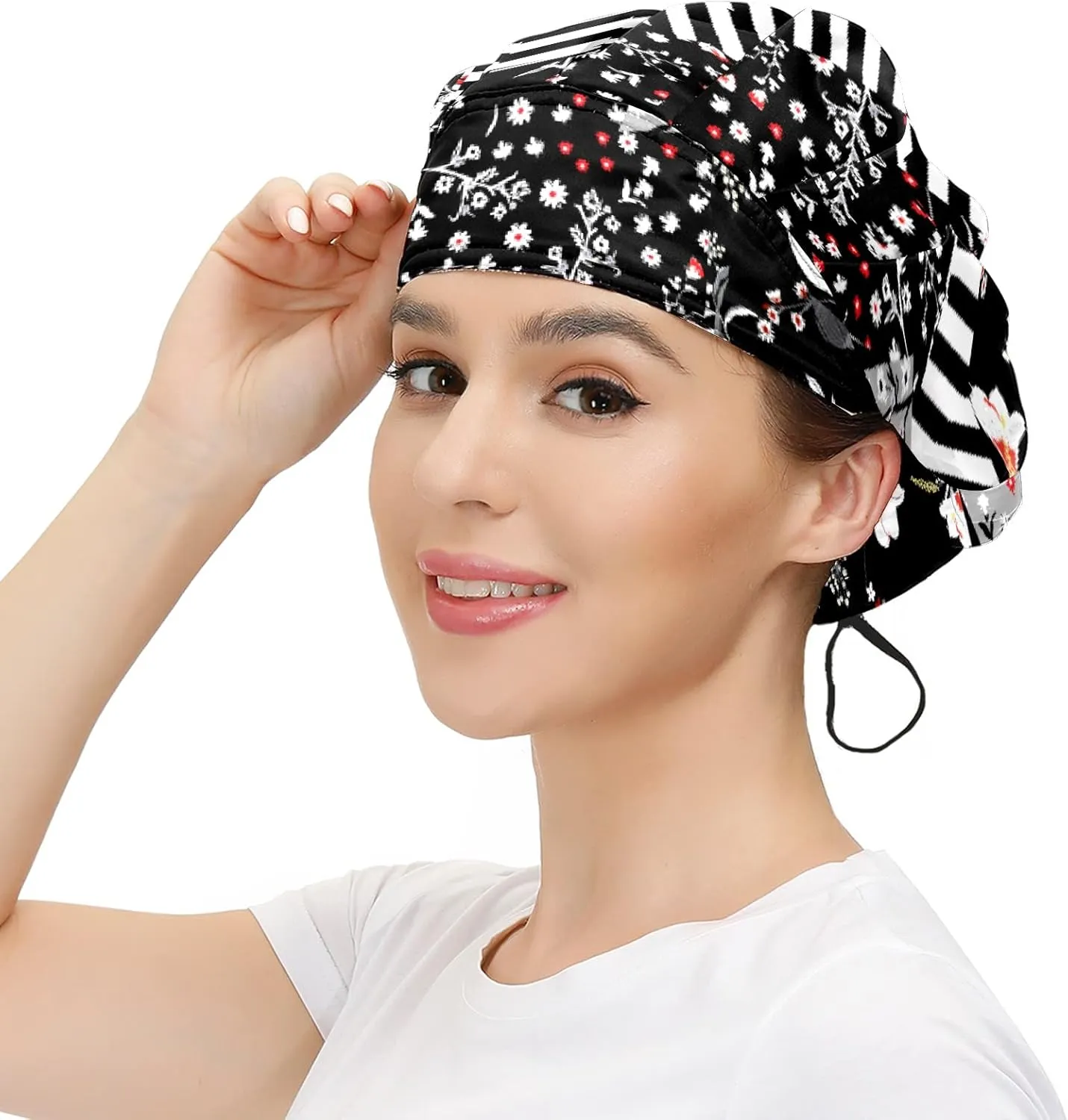 Working Cap with Button and Sweatband Adjustable Tie Back Bouffant Hats Printed Multi Color for Woman Man.
