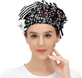 Working Cap with Button and Sweatband Adjustable Tie Back Bouffant Hats Printed Multi Color for Woman Man.