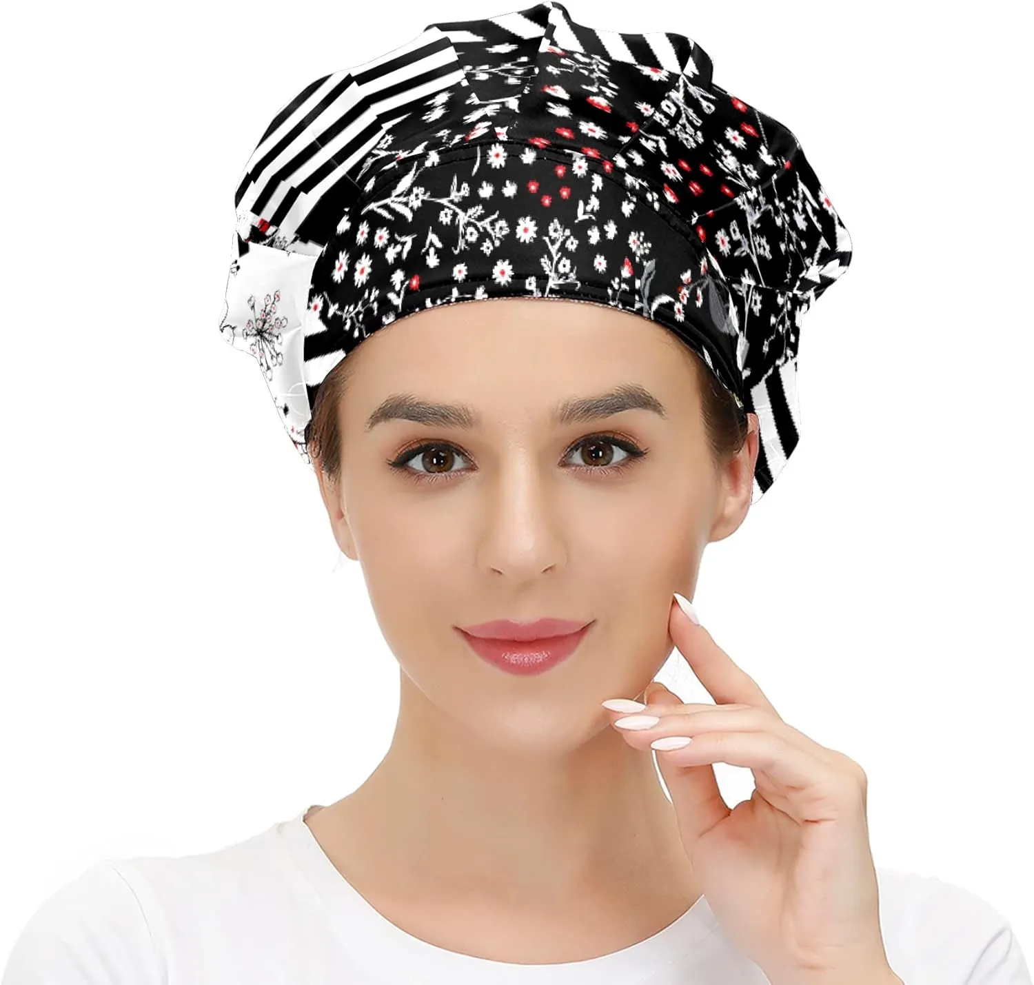 Working Cap with Button and Sweatband Adjustable Tie Back Bouffant Hats Printed Multi Color for Woman Man.