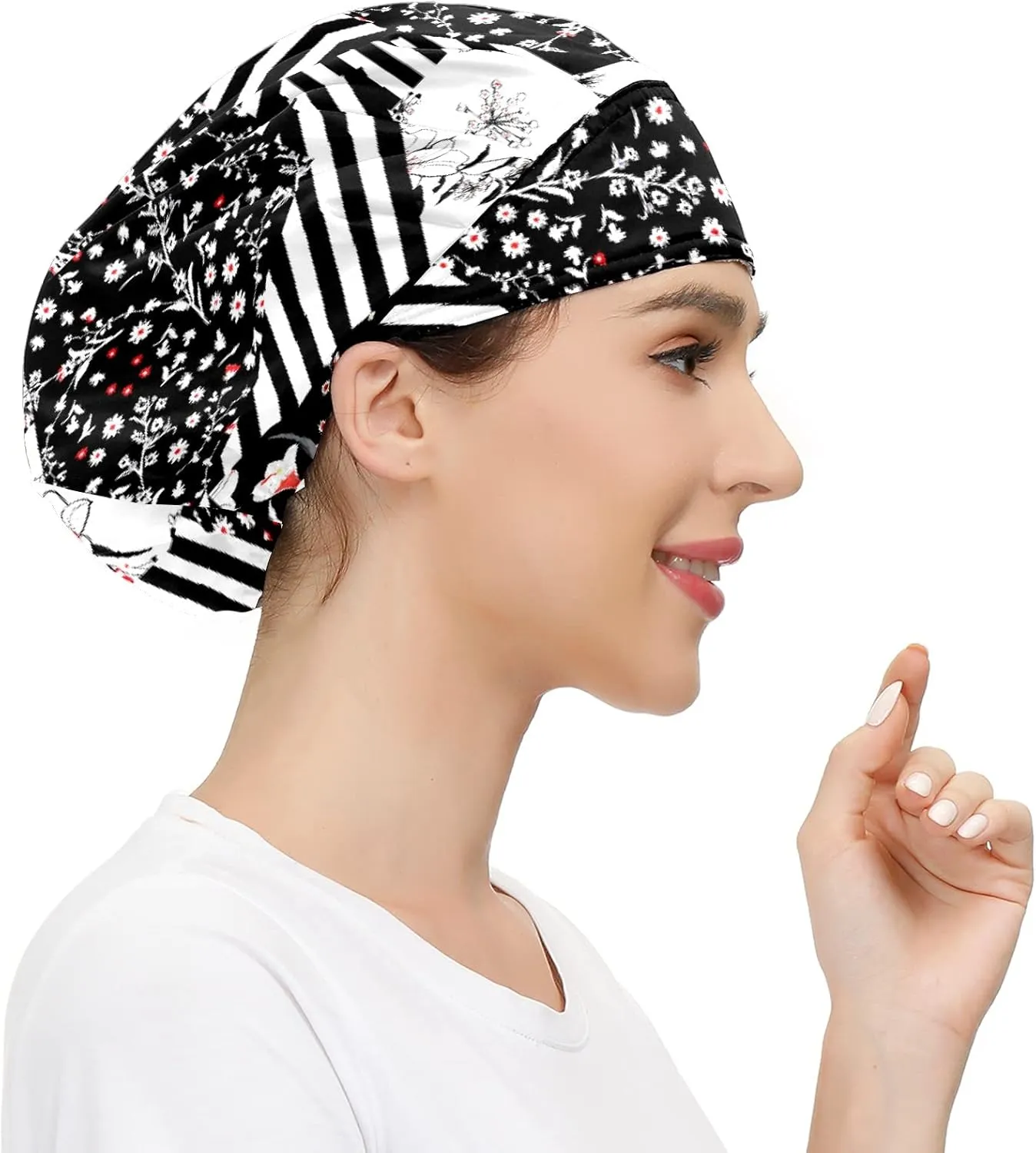Working Cap with Button and Sweatband Adjustable Tie Back Bouffant Hats Printed Multi Color for Woman Man.